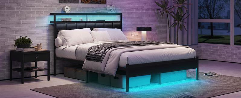 Queen Size Bed Frame with Charging Station and LED Lights,  Black Upholstered Headboard with 2-Tier Storage Shelves,Metal Bed Frame with Headboard, No Box Spring Needed, Easy Assembly, Black