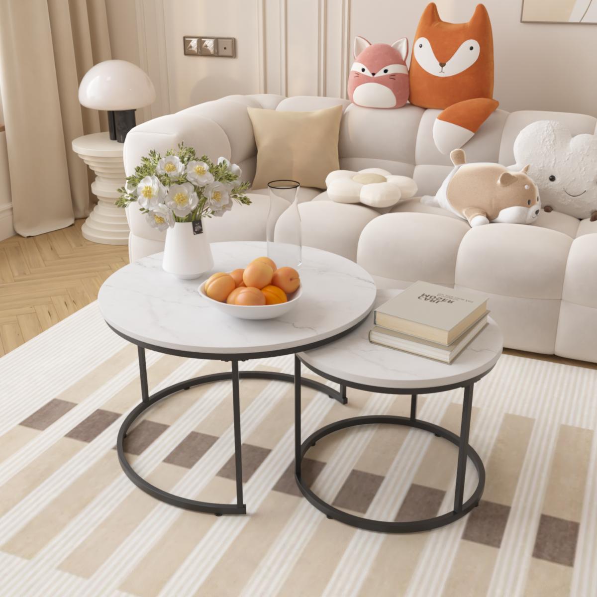 Nesting Coffee Table Set of 2, 27.6inch Round Coffee Table Wood Marble Pattern Top with Sturdy Metal Frame, End Table Side Tables for Living Room Bedroom Balcony Yard