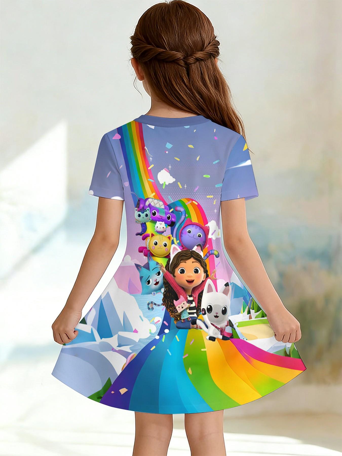 Girls' Gabby Doll House Ice Rainbow A-Line Dress, Cute Cartoon Short Sleeve Dress, Fashion Outdoor Wear, Birthday Gift, Holiday Gift