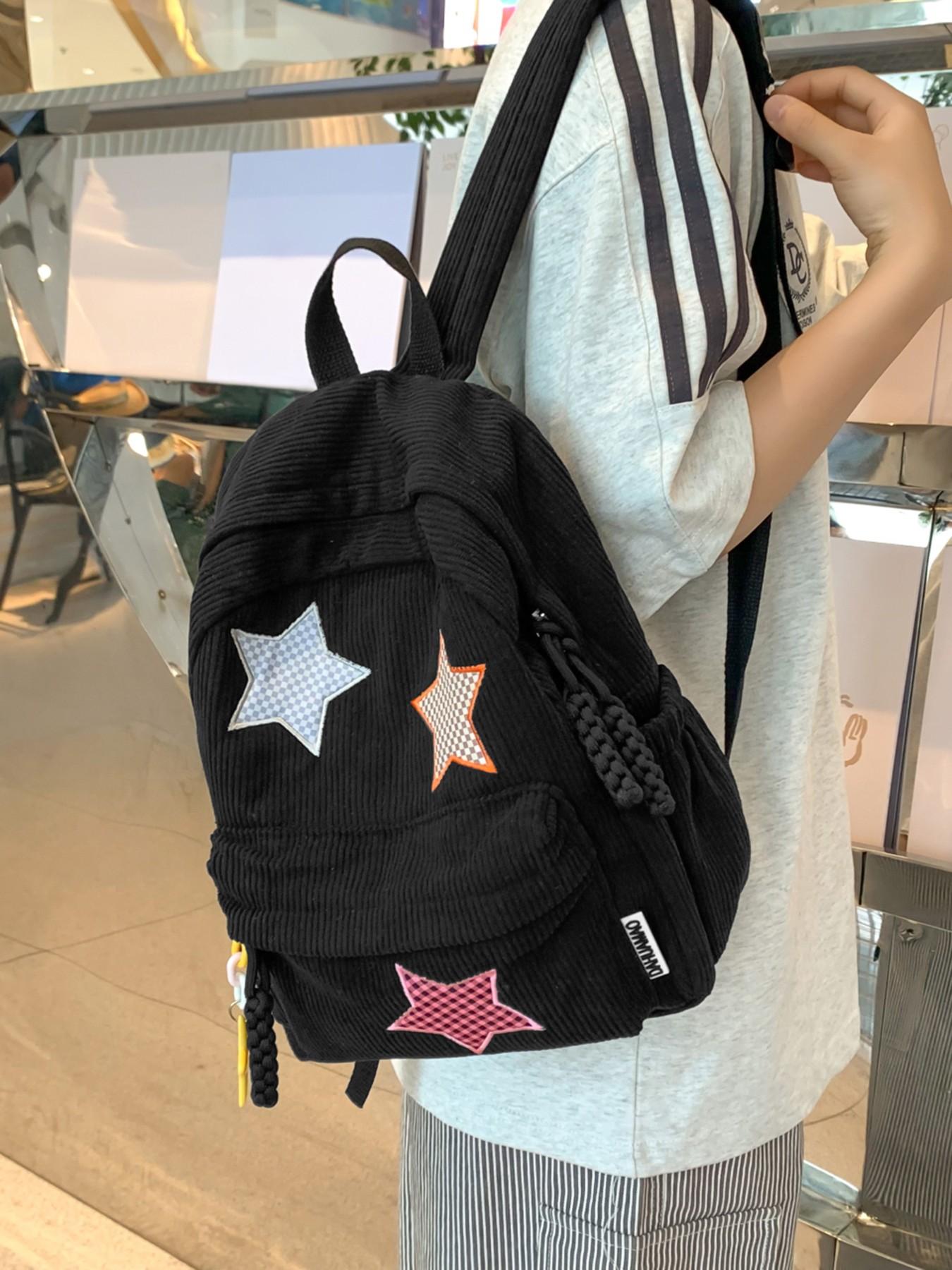 Leisure style fashionable large capacity backpack, practical texture retro niche personality high-quality backpack, chessboard star embroidery, star zipper decoration, essential for daily commuting to school