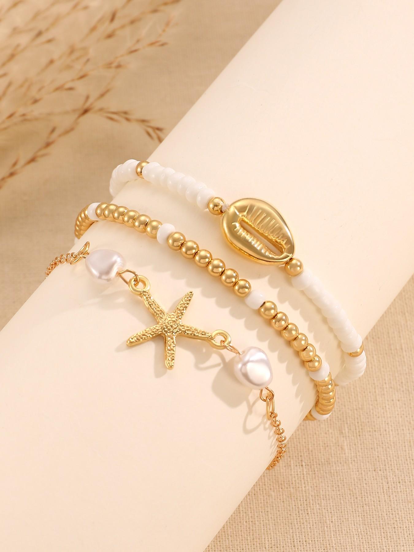 Three-Piece Summer Beach Anklet Set, Starfish Fish Shell Faux Pearl Design, Girl Jewelry, Fashion Accessory, Perfect for Daily