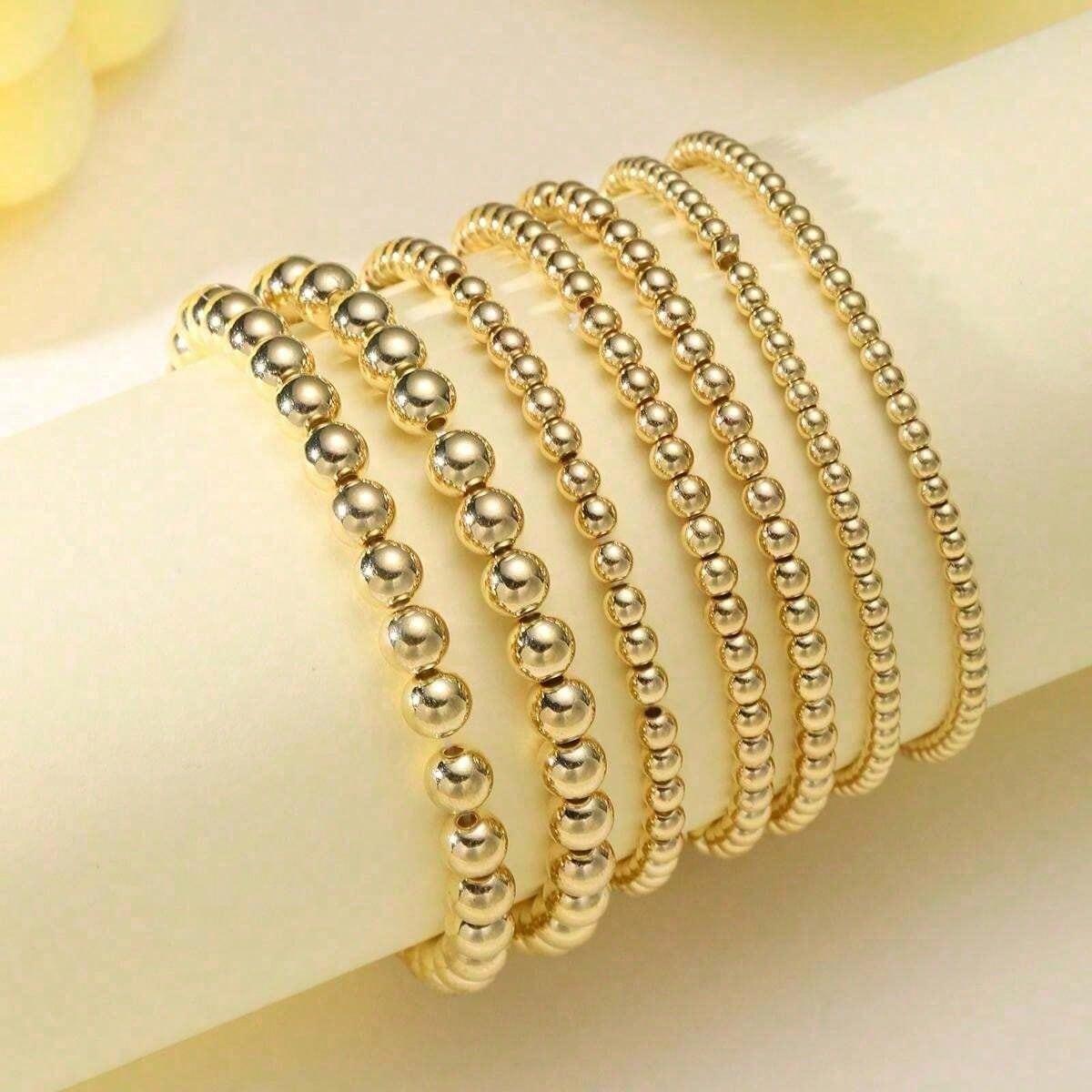 7Pcs Women's 14K Gold Plated Bracelet Set, Pearl Beaded Bohemian Layered Stackable Bracelets, Elastic Comfort Jewelry Gift for Ladies