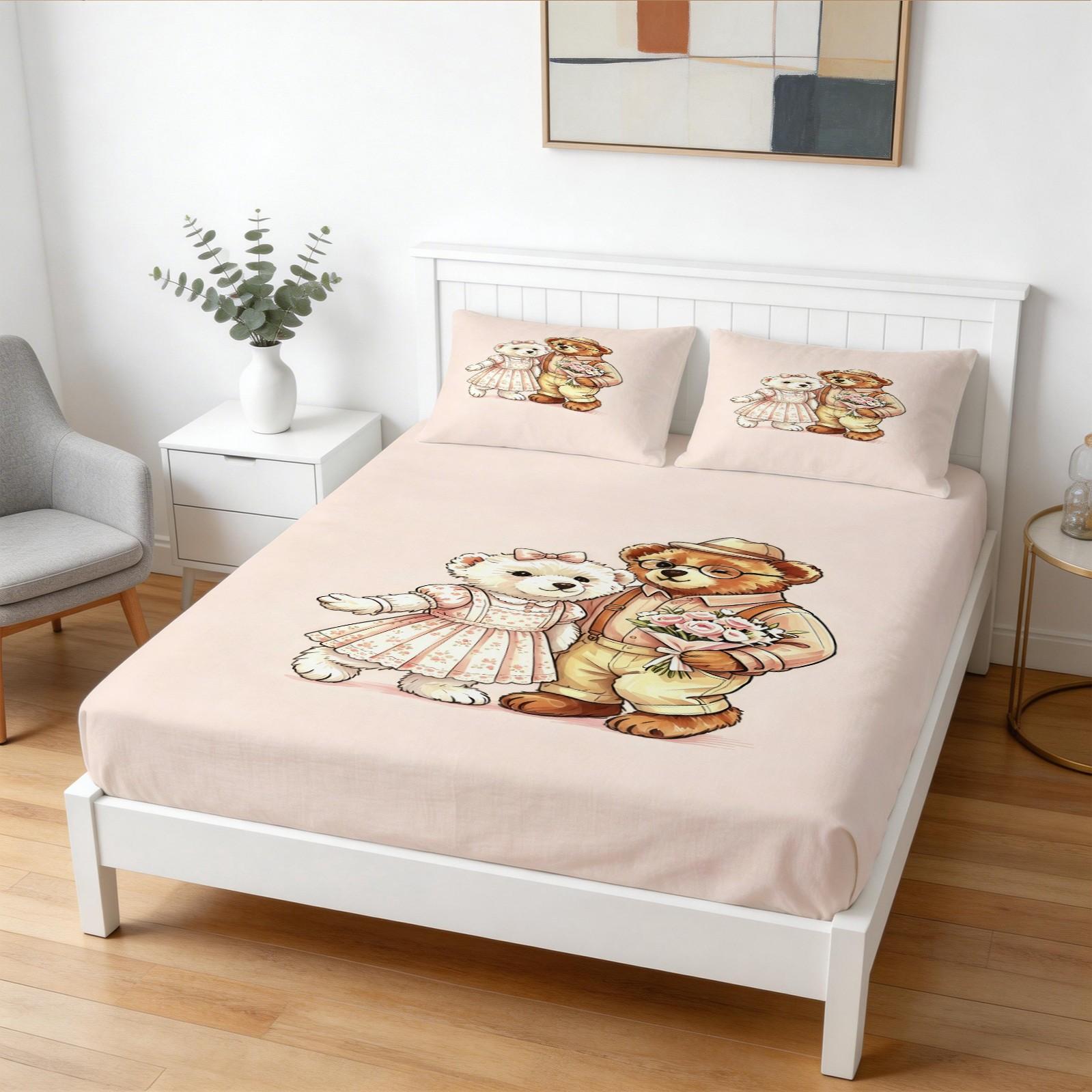 Casual Couple Bear Fitted Sheet Set, Soft Skin-Friendly, 3 Pieces (1 Fitted Sheet + 2 Pillowcases), Deep Pocket, Cute Bear Print, Pink Bedding for Girls Teens Bedroom, Aesthetic Room Decor, All Seasons