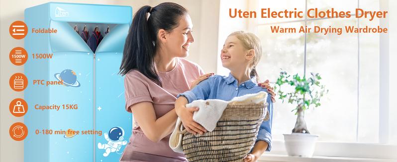 Uten Clothes Dryer Portable, 1500W Power Electric Clothes Hooded Dryer Machine with Timer, 2-Tier Laundry Drying Wardrobe, Foldable Clothes Drying Rack and Dryer for Travel, Apartments, RV, Home - Blue