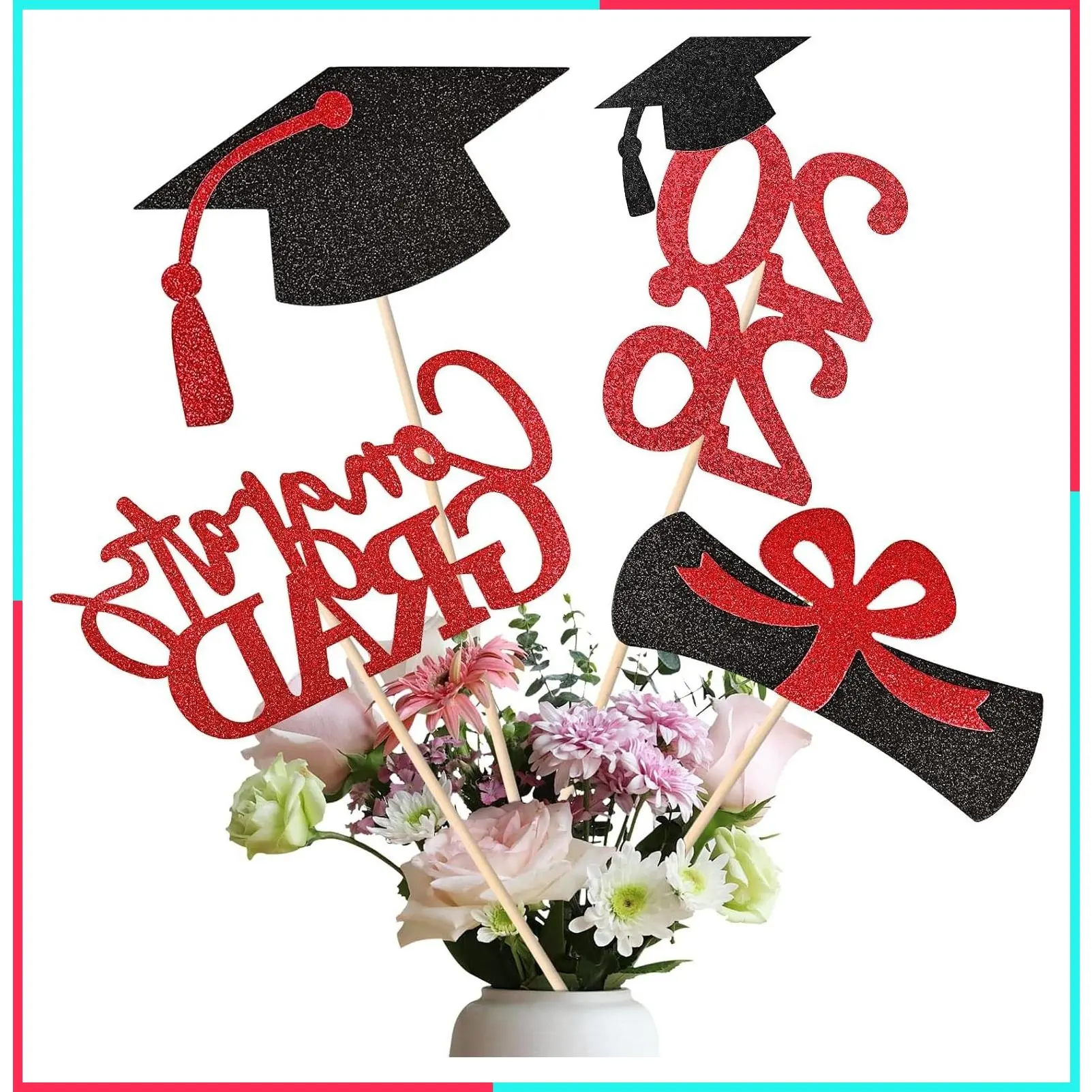 20 PCS Graduation Decorations Class of 2026, Black and Red Double-Sided Centerpieces, Grad Cap Sticks, Table Toppers, Party Supplies