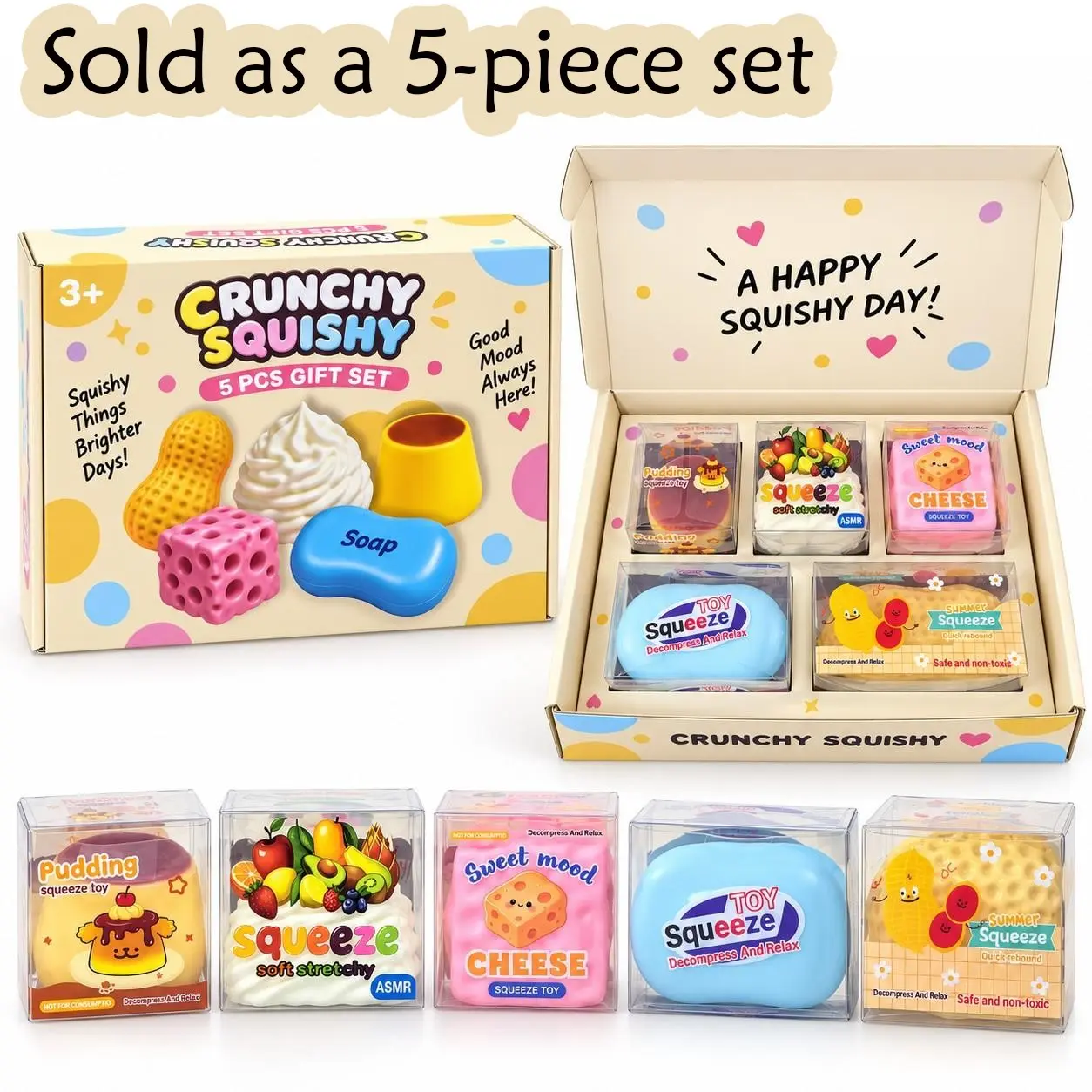 【Black Friday】5PCS Squishy Crunchy Crispy Toys Gift Set, Cute Food Sensory Toys for Kids, Slow Rising Squeeze Fidget Toys, ASMR Stress Relief Toys, Kawaii Birthday Gifts for Girls Boys, Squishies Stress Relief