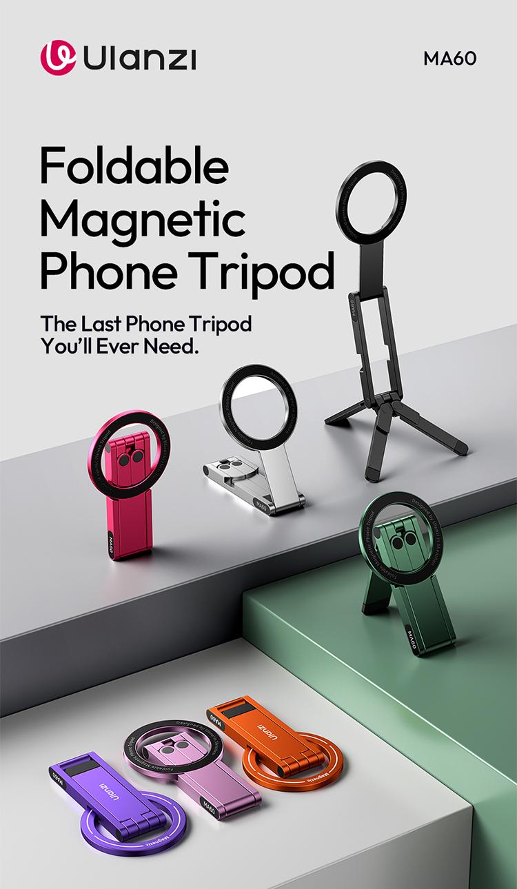 ULANZI MA60 Magnetic Phone Stand for iPhone – Aluminum Mini Foldable Tripod | Pocket-Sized Cell Phone Stand with Magnetic Quick Mount | Compatible with iPhone 12, 13, 14, 15, and 16 Models magnetic phone tripod stand