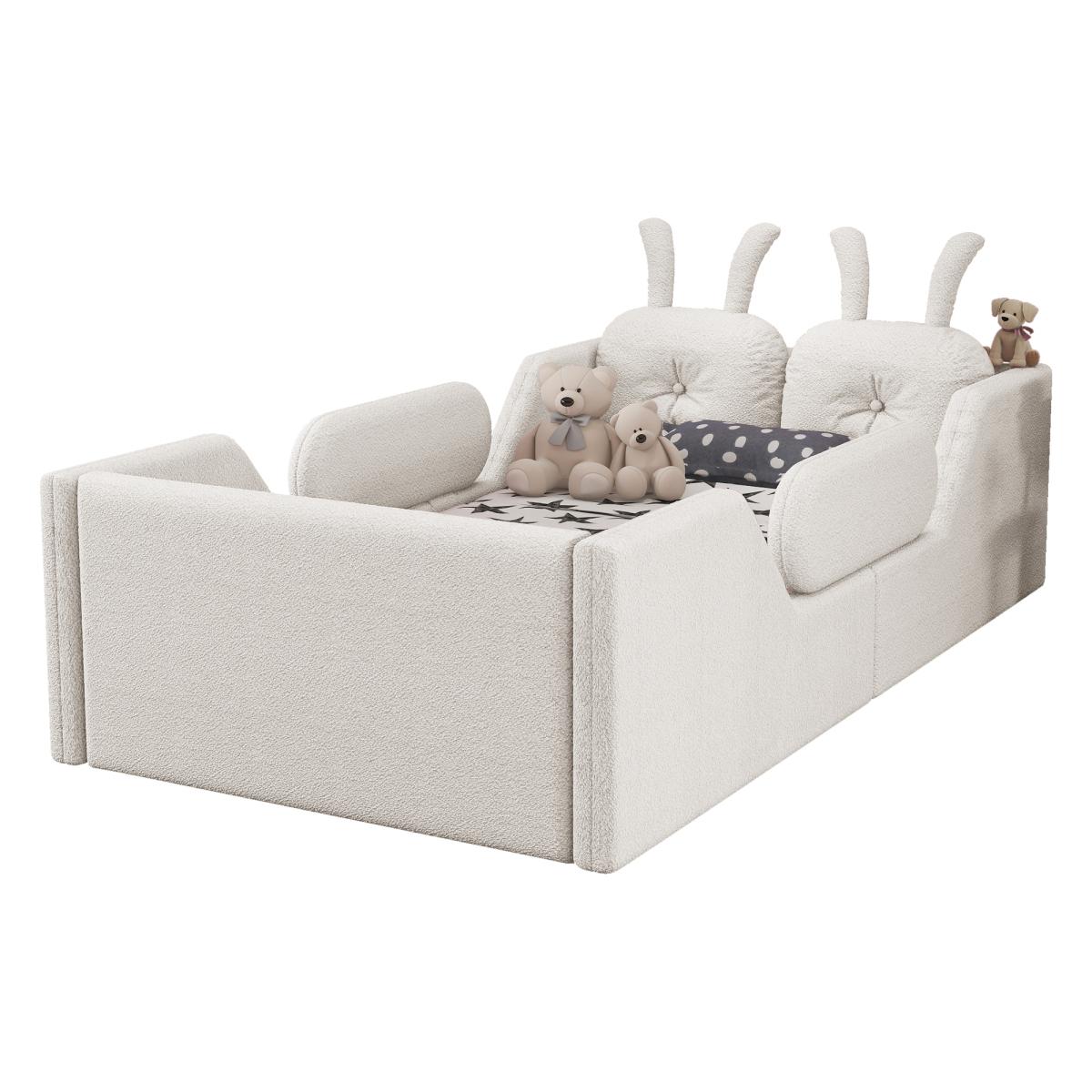 Twin Size Upholstered Floor Bed with 21-Inch Guardrails, Detachable Side Rails & Rabbit-Shaped Cushions, Teddy Fabric Foam Padding, No Box Spring Needed, Fits 8-Inch Mattress Twin Size Upholstered Floor Bed with 21-Inch Guardrails, Detachable Side Rails & Rabbit-Shaped Cushions, Teddy Fabric Foam Padding, No Box Spring Needed, Fits 8-Inch Mattress