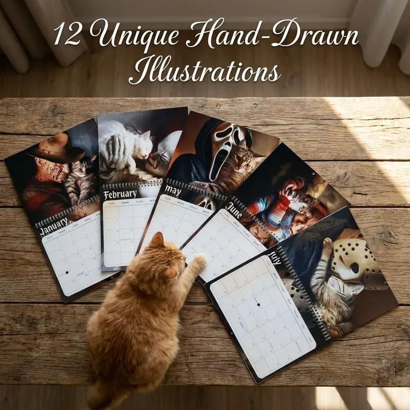 2026 Horror Cat Calendar, Funny Horror Movie Villains and Kitties Wall Planner, 12-Month Scary Cute Home Decor, Fun Gift for Film Lovers
