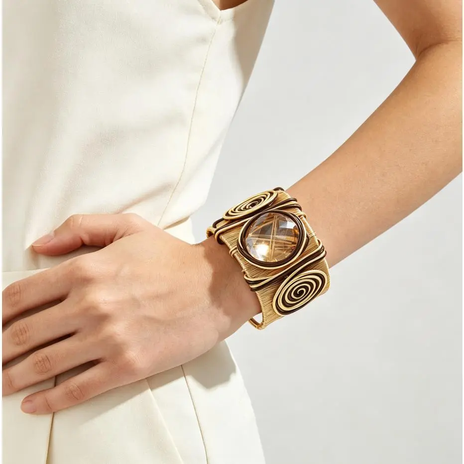 Fashion Handmade Wire Wrapped Cuff Bracelet, Gold Plated Brown Spiral Statement Bangle with Faceted Artificial Crystal Stone, Bohemian Wide Open Cuff Jewelry for Women