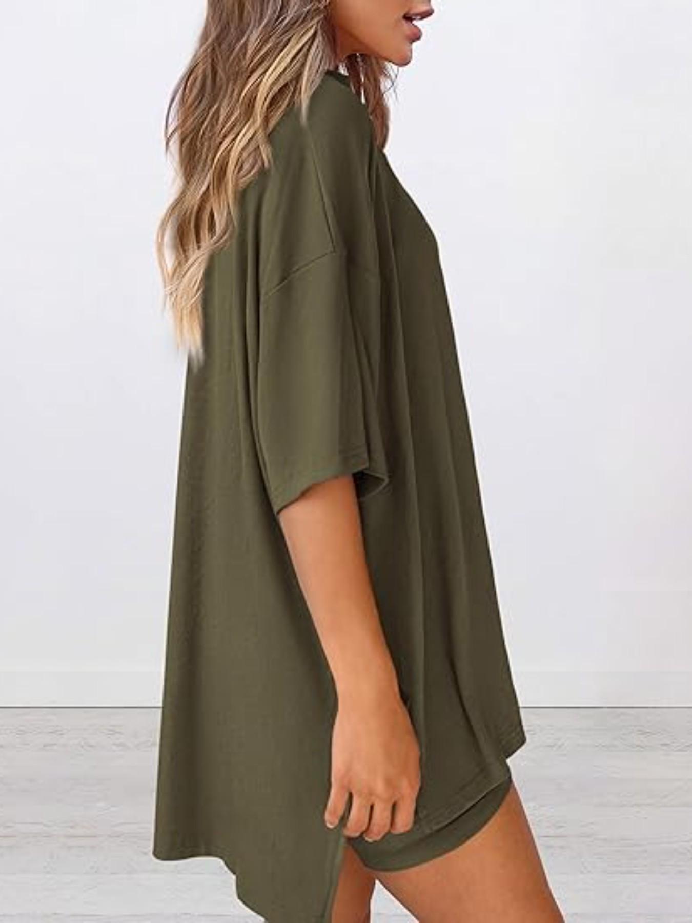 Women's Solid Color T-Shirt and Tight Shorts Set, Summer Comfort Round Neck Pajamas Loungewear, Nightwear, Pocket Design, Suitable for Outdoor Wear