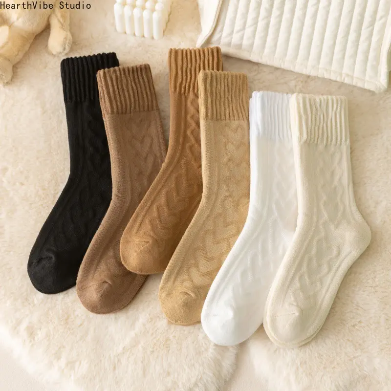 6 Pairs Winter Socks for Women Thick Cable Knit Crew Socks Soft Warm Earth Tone Slouchy Boot Socks Stretchy Ribbed Cuff Thermal High Tube Socks Bulk Pack