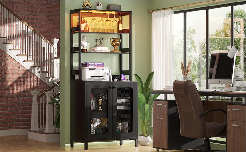 Bar Cabinet with Power Outlets, 67" Tall Wine Bar Cabinet Liquor Cabinet with LED Lights , Coffee Bar Station for Living Room Shelf Utensils