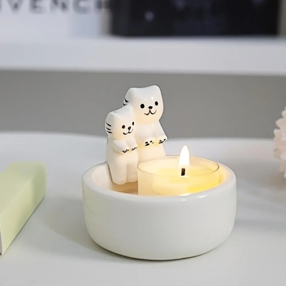 Cute Couple Kitten Shapes Ceramic Candle Holder - Compact Tabletop Aromatherapy Tealight Stand with Playful Charm, Festive Decor for Christmas/Halloween & Indoor Recreation Home Use
