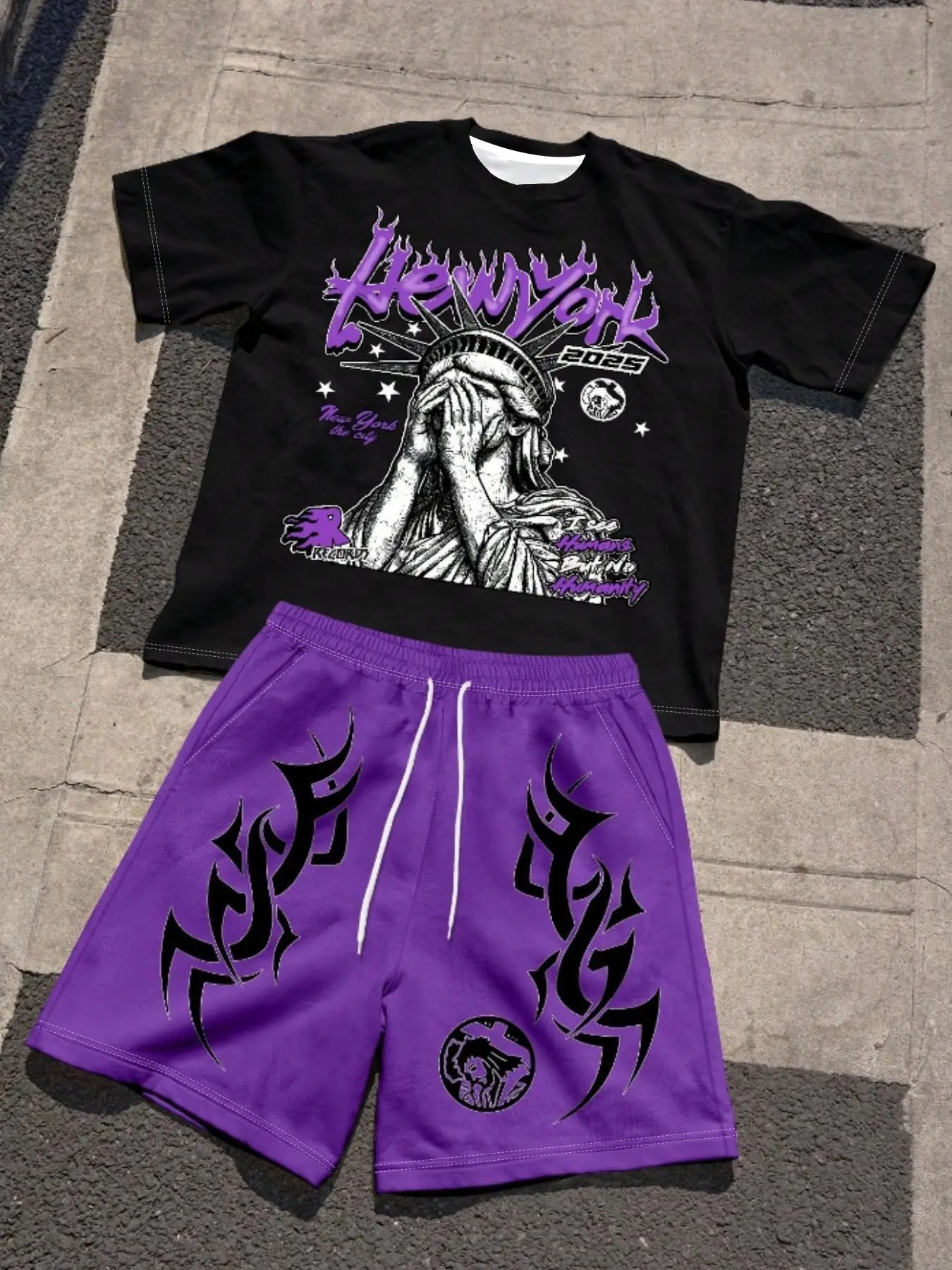 Unique Street Style Dark Goddess Print Tee, Totem Shorts Casual Set, All-Over Print Fitted Top, Breathable, No Button Zipper Collar, All Seasons Clothes