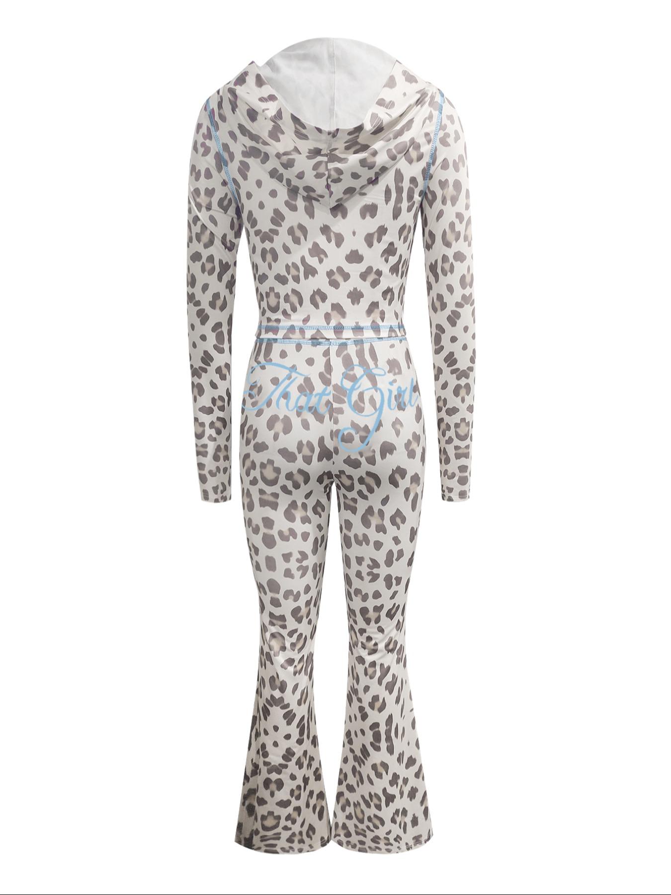 Women's Leopard Print Zip Up Hooded Jacket & Flared Leg Pants Two-piece Set, Casual Long Sleeve Outerwear & Bell Bottom Trousers for Daily Wear, Ladies Summer Clothes Valentine's Day, gift, Fall outfit