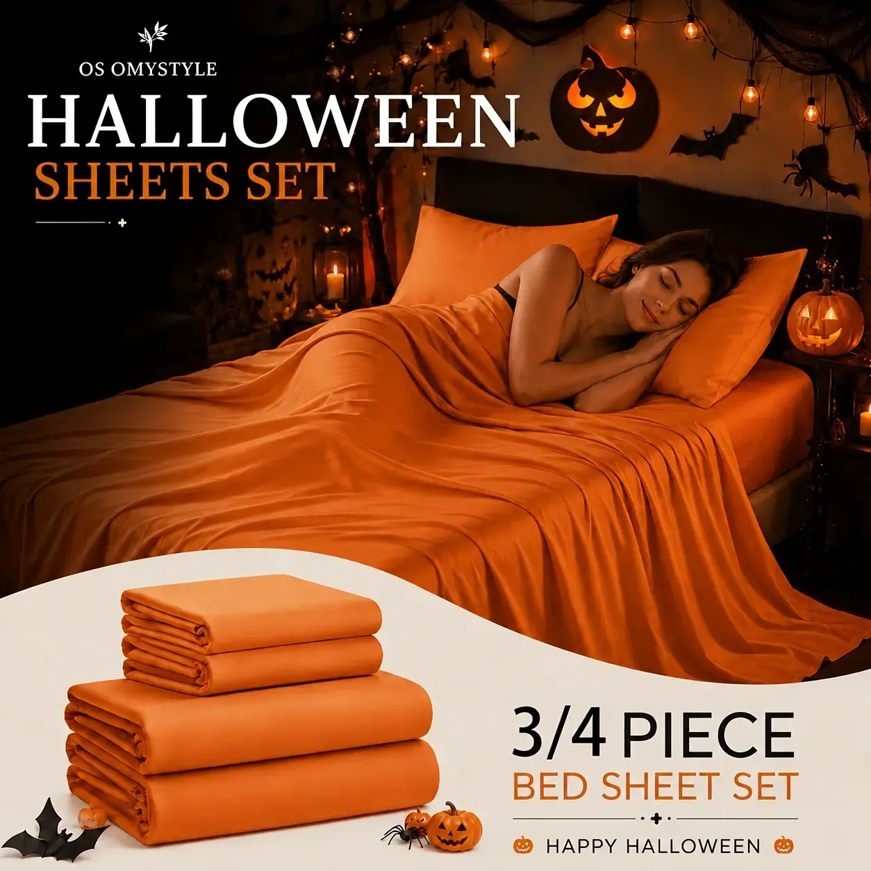 OS OMYSTYLE Halloween Bamboo Blend Bed Sheet Set - 3/4 Pieces Extra Deep Pocket, Breathable Soft Wrinkle-Resistant Easy-Care Hypoallergenic, for College Dorms & Master Room Essentials