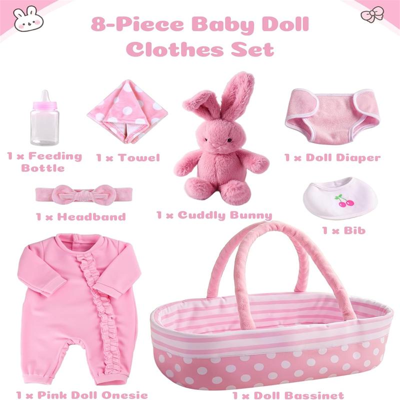 BABESIDE 8-Piece Reborn Baby Doll Clothing Set Fits 17-22 inch dolls Baby doll clothing accessories Perfect for reborn doll dress-up play Includes fabric carry basket Convenient for on-the-go outings Doll Clothes Set