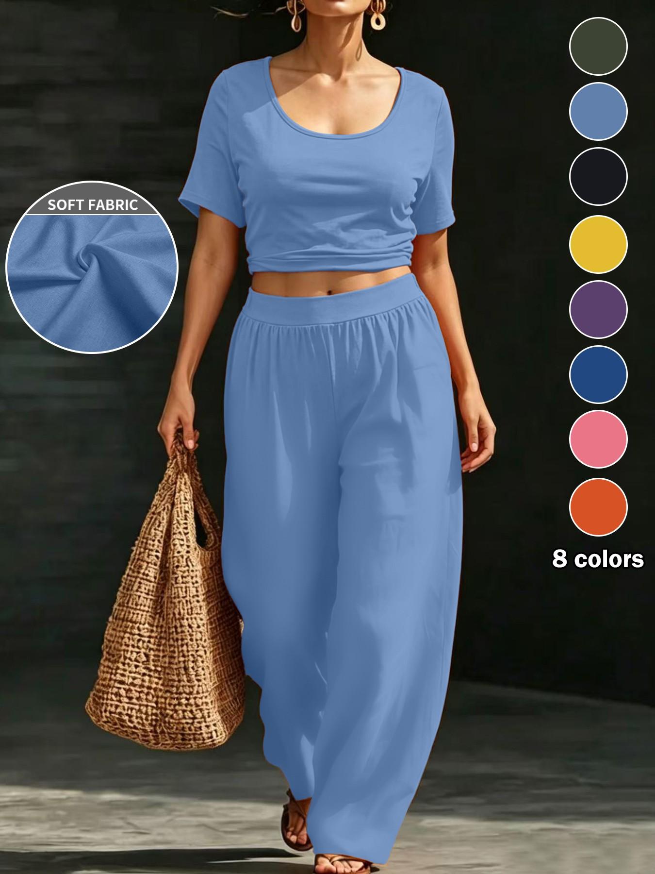 Plus Size Women's 8 Color Options, Casual Solid Shorts U-Neck Top + Loose Wide Leg Pants Set, Fit, Lazy Style, Daily Wear, Vacation, Home Essentials, Clothes