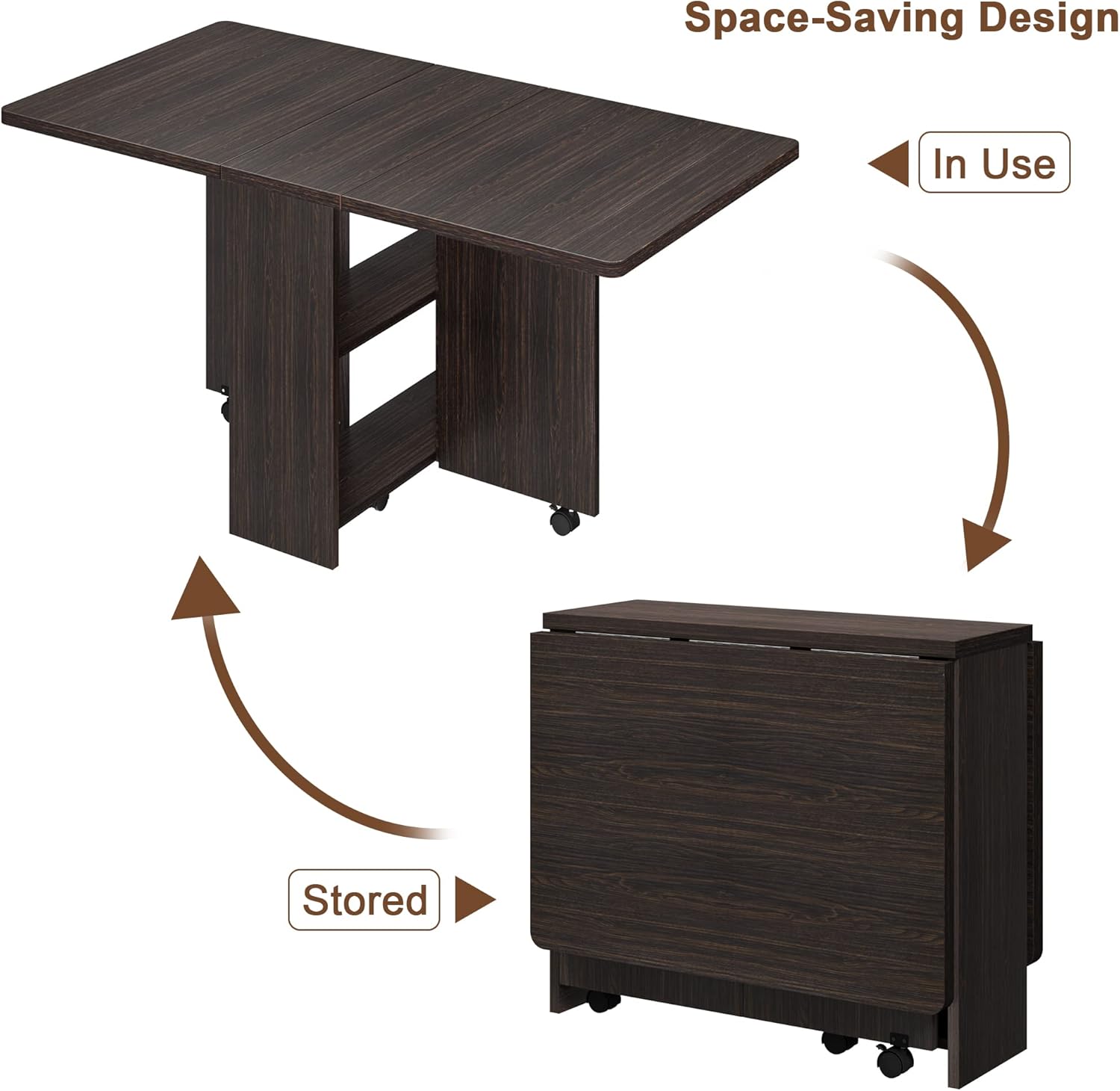 Space Saving Folding Dining Table with 2 Tier Storage-Extendable Drop Leaf Farmhouse Wood Kitchen Dining Room Tables Set for 4, Collapsible Expandable Rectangle Dinner Kitchen Office Furniture