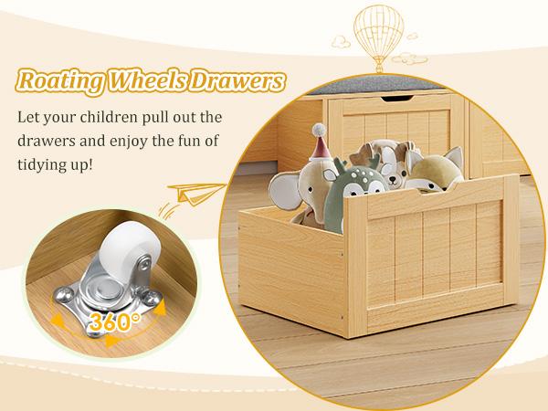 FOTOSOK 55.1'' Kids Bookshelf with Reading Nook, Toy Storage Organizer with Seat Cushion and 3 Movable Drawers, Kids Reading Nook Toy Organizers and Storage with Bench for Playroom