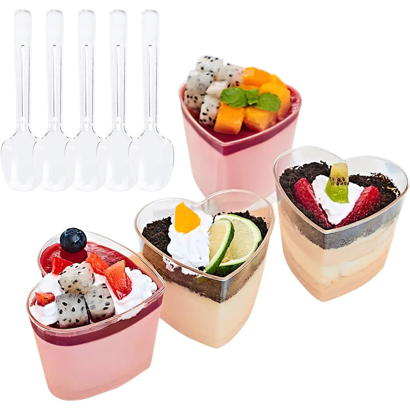 50 Pack 5 oz. Dessert Cup with 50 Spoons, Clear Plastic Appetizer Cups, Valentine's Day Heart-shape Parfait Cup Serving Bowls, Disposable or