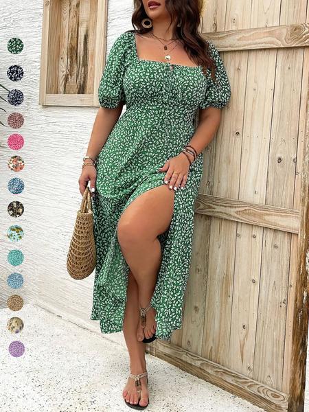 Plus Size Ditsy Floral Print Split Thigh Dress, Casual Puff Sleeve Tie Front Dress, Women's Plus Size Clothing for Summer Daily Wear