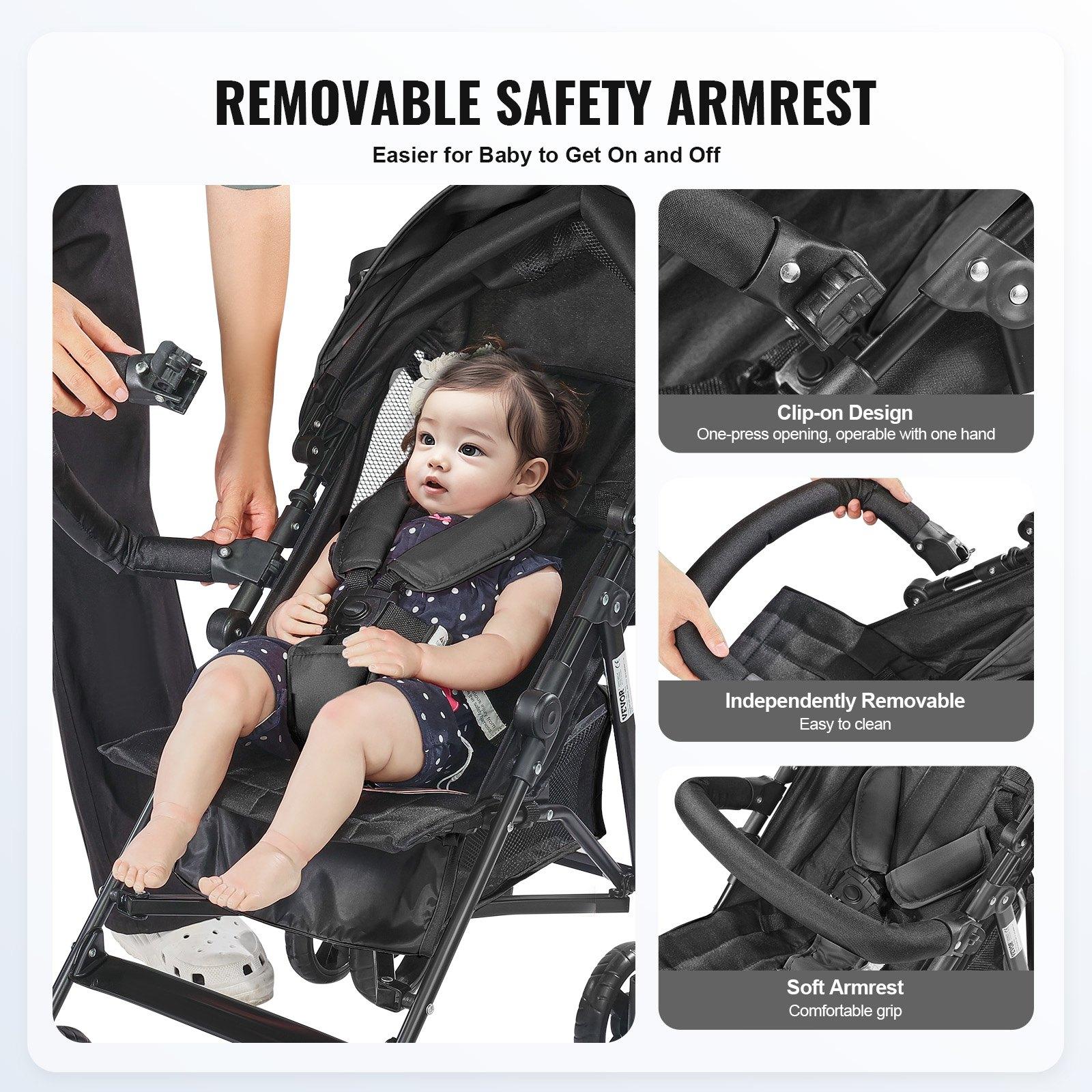 fathersdaygift VEVOR Lightweight Stroller, Compact Easy Fold MultiPosition Recline Canopy Backrest, Carbon Steel Frame, Large Storage Basket, Cup Holder, Umbrella Toddler Baby Stroller for Travel and More, Black