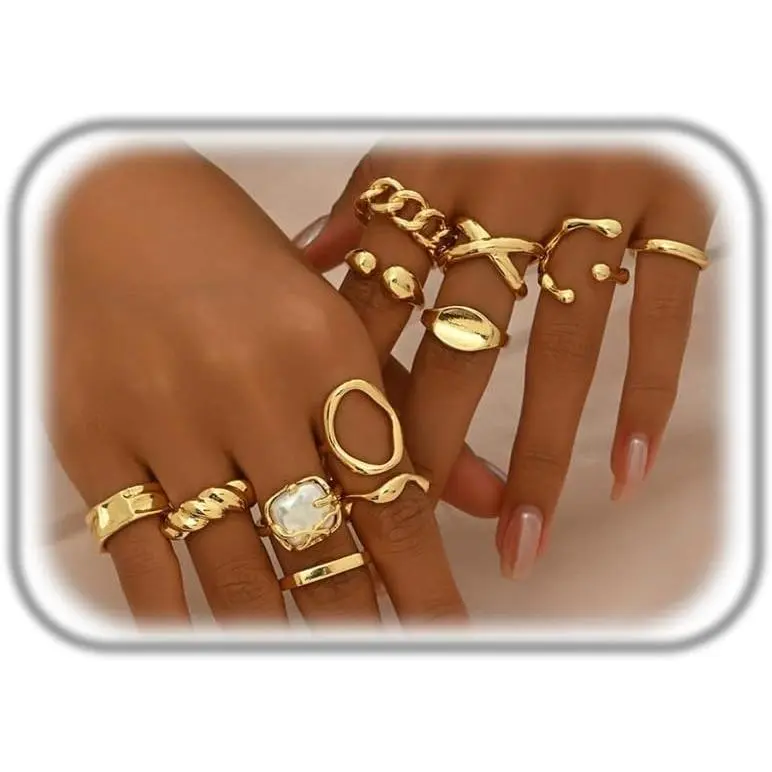 Chunky 14K Gold Plated Stackable Rings Set for Women, Vintage Knuckle Rings Dainty Hollow Carved Joint Finger Midi Rings Pack Adjustable Signet Mixed Size