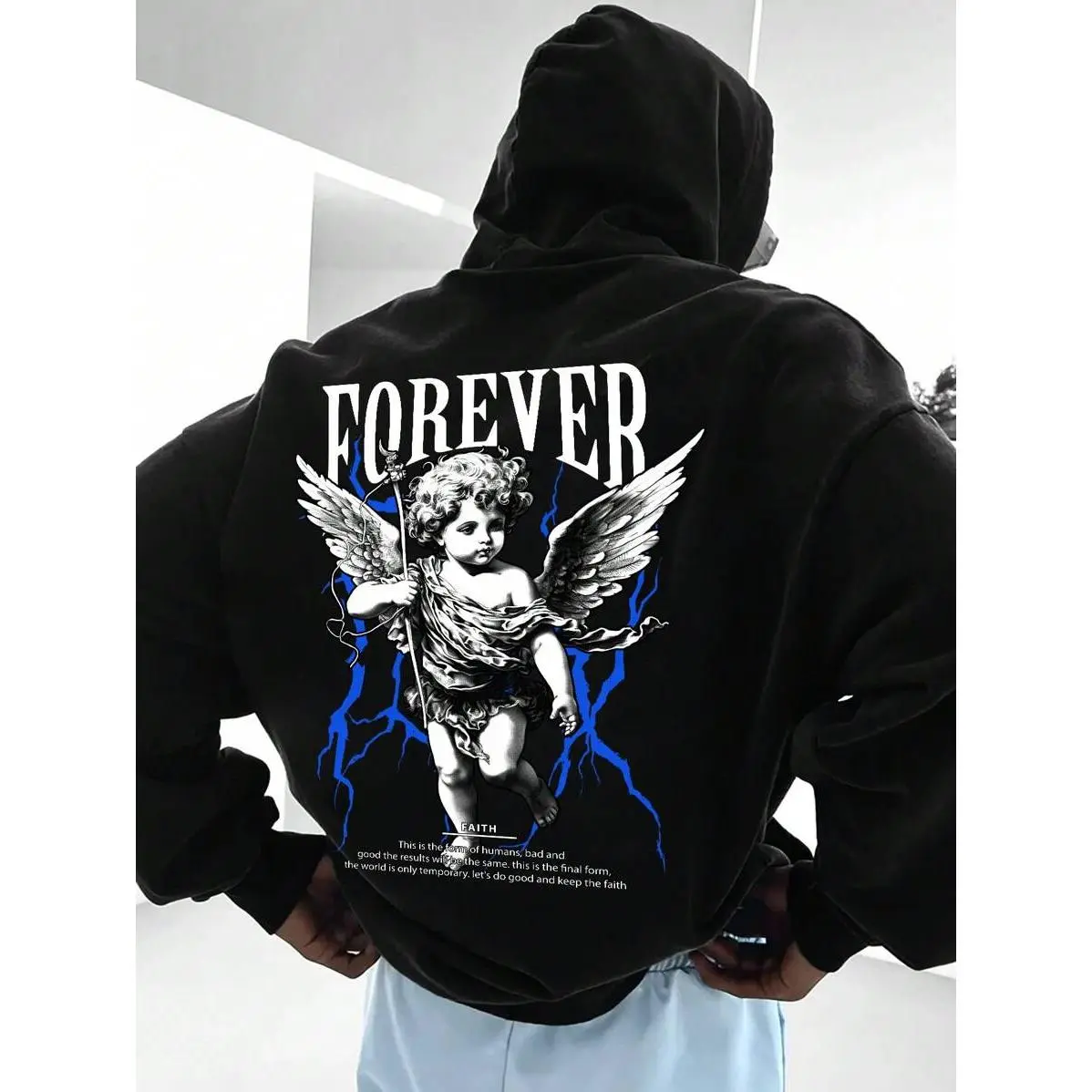 Manfinity EMRG Men's Black Graphic Hooded Sweatshirt,Patterned Thermal Lined Long Sleeve Hoodie,Emo 2000s Style Casual Everyday Wear For Fall Winter,Husband Gifts