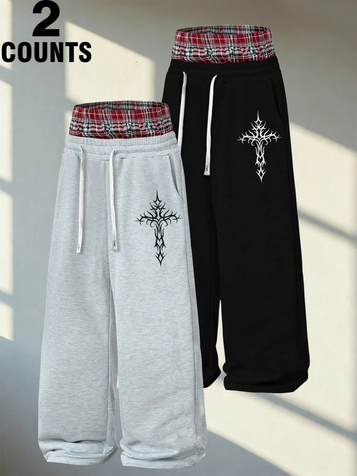 2-Pack Men's Layered Waistband Fake Two-Piece Sweatpants, Gothic Cross Print Wide Leg Straight Pants, Casual Long Pants for All Seasons