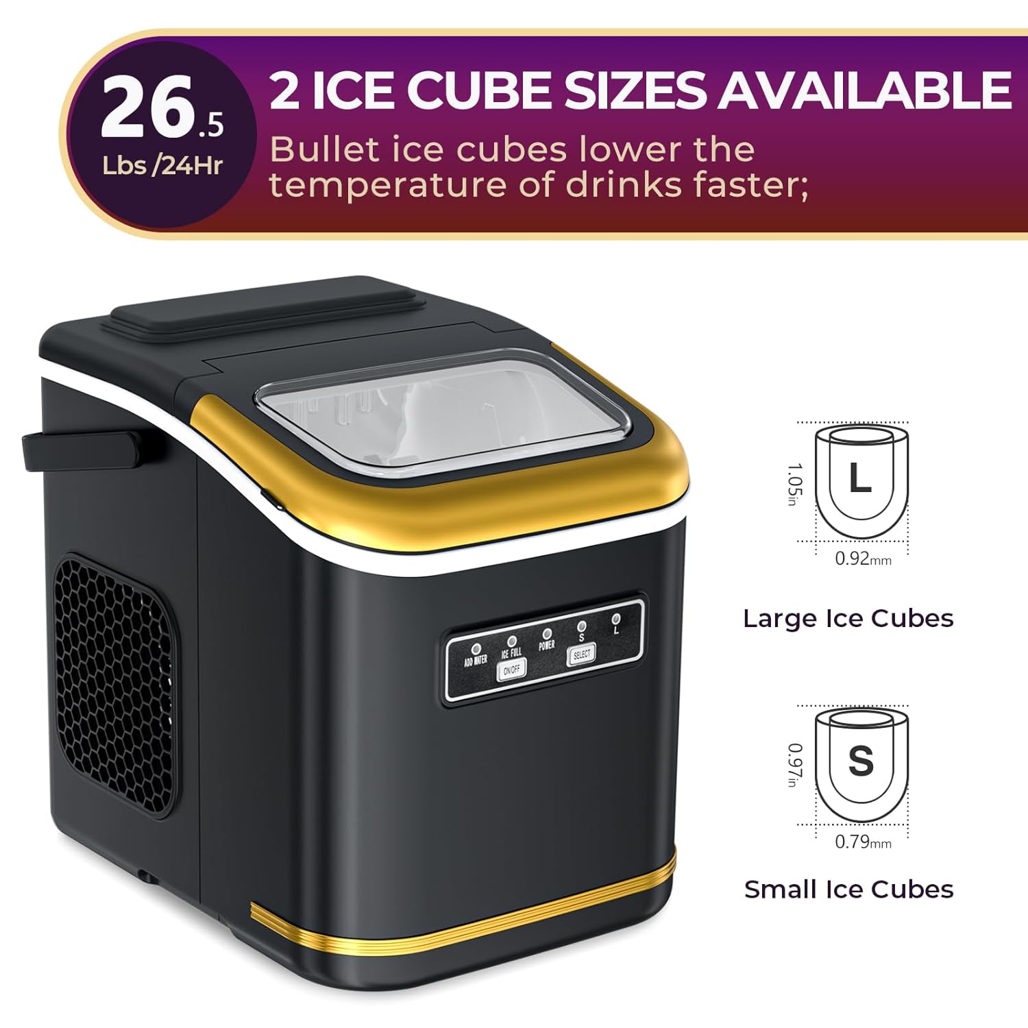 Ice Maker 9 Bullet Ice Cubes in 6 Mins, 26.5lbs/24Hrs, Ice Maker Machine for Home Office Kitchen Bar Party, Black