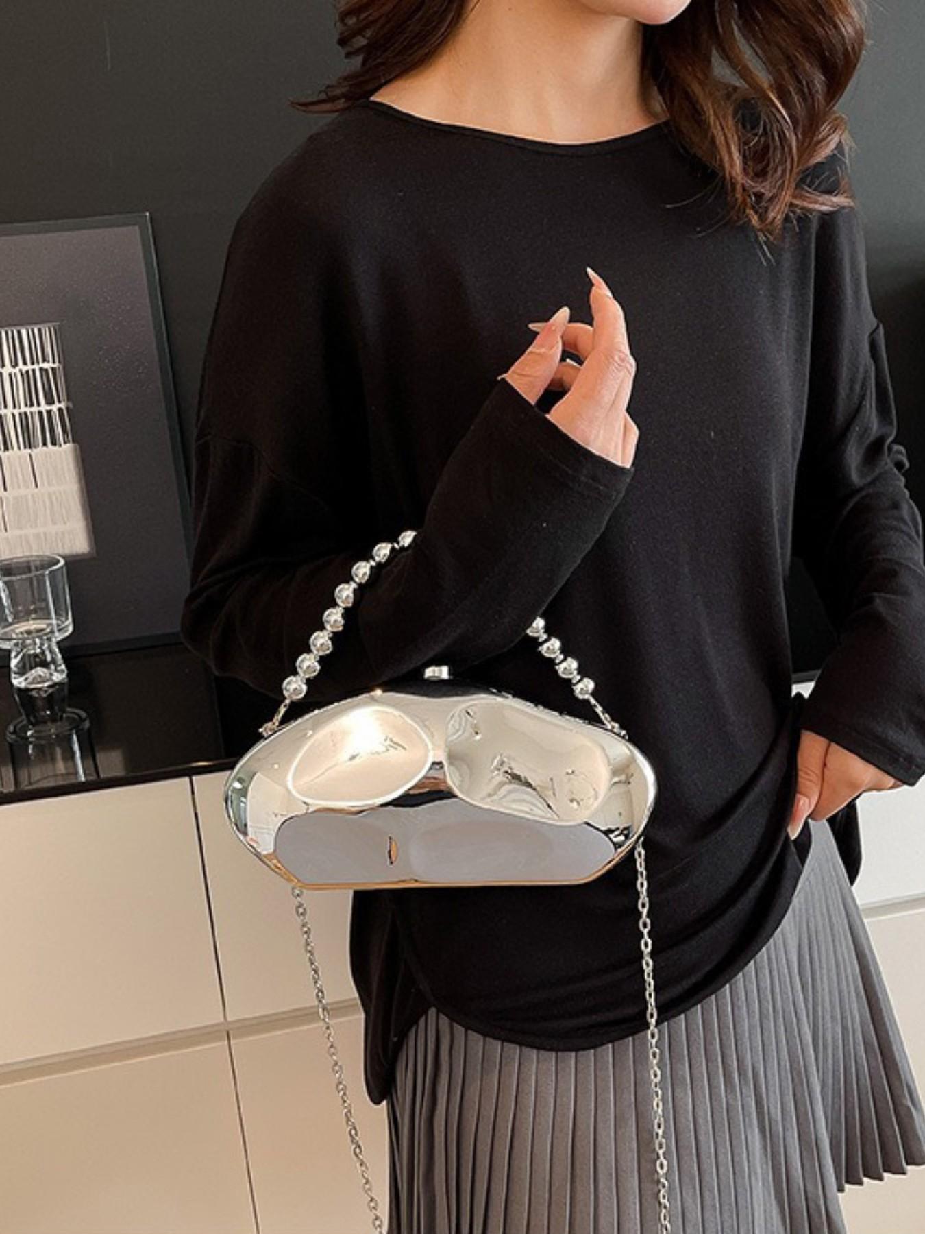 Elegant Acrylic Shoulder Clutch, Cute New Fashion Evening Bag, Luxury Crossbody Bag, Silver Gold Bead Handbag, Small Oval Shiny Handheld Bag, Trendy Chain Multi-Use Bag