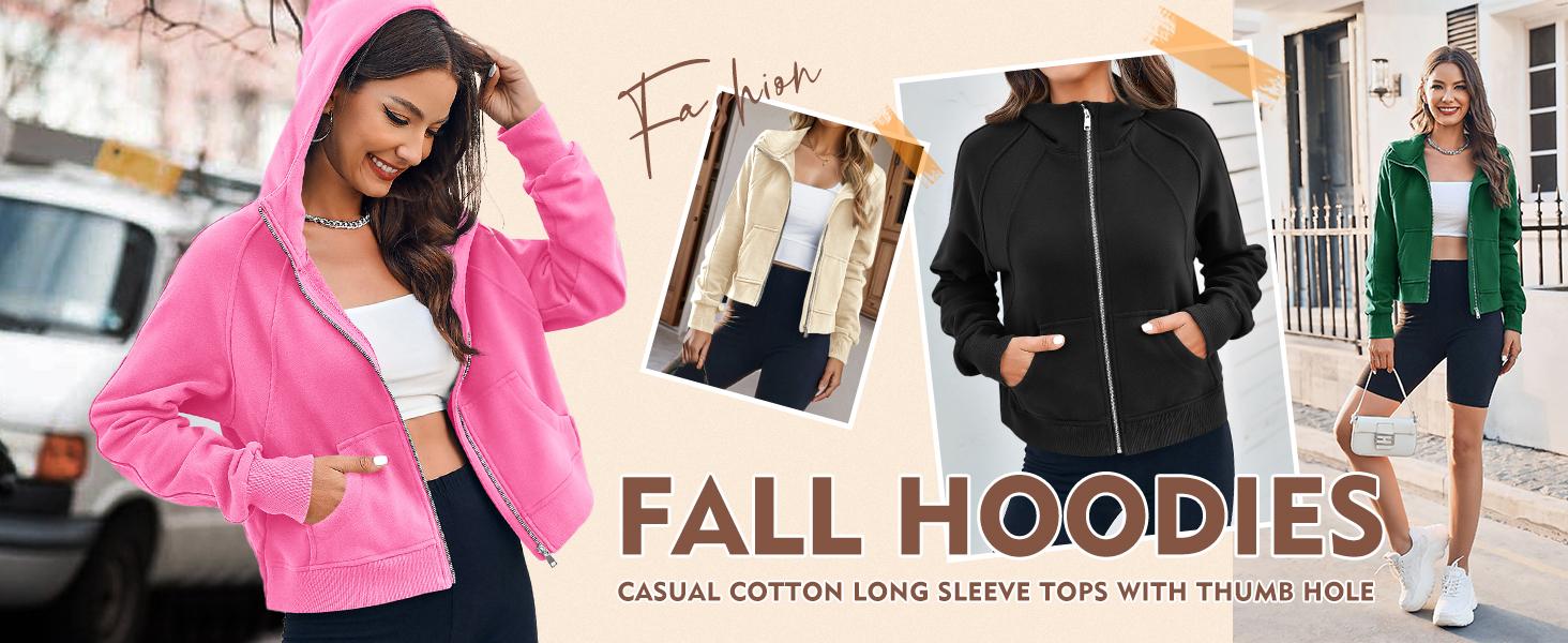 Fisoew Womens Zip Up Sweatshirts Fleece Lined Collar Crop Hoodie Casual Cotton Long Sleeve Tops with Thumb Hole poncho winter clothes women FallFreshness Fit Grey fur coats for women leather jacket women jacket for women puffer jacket puffer jacket women