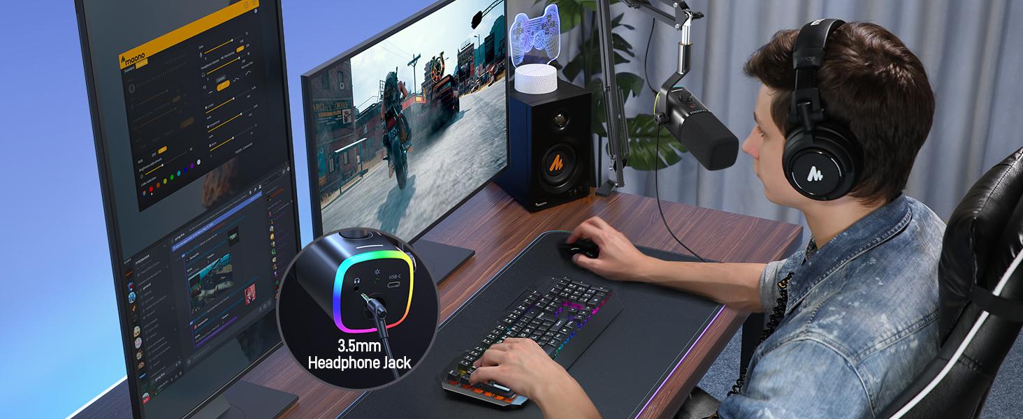 XLR/USB Gaming Microphone for PC, Dynamic Computer Mic for Streaming Podcasting, Noise Reduction, Mute, Volume Control, RGB Boom Mic for Vocal Recording,Voice-Over, PD100XS Black