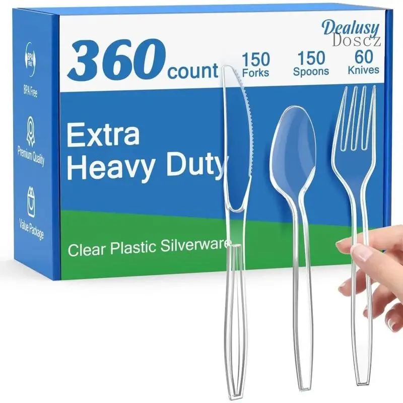 360 Count Extra Heavy Duty Clear Plastic Silverware, 150 Forks, 150 Spoons, 60 Knives, BPA-Free, Heat Resistant, Disposable Plastic Utensils Set, Plastic Cutlery Set, Bulk