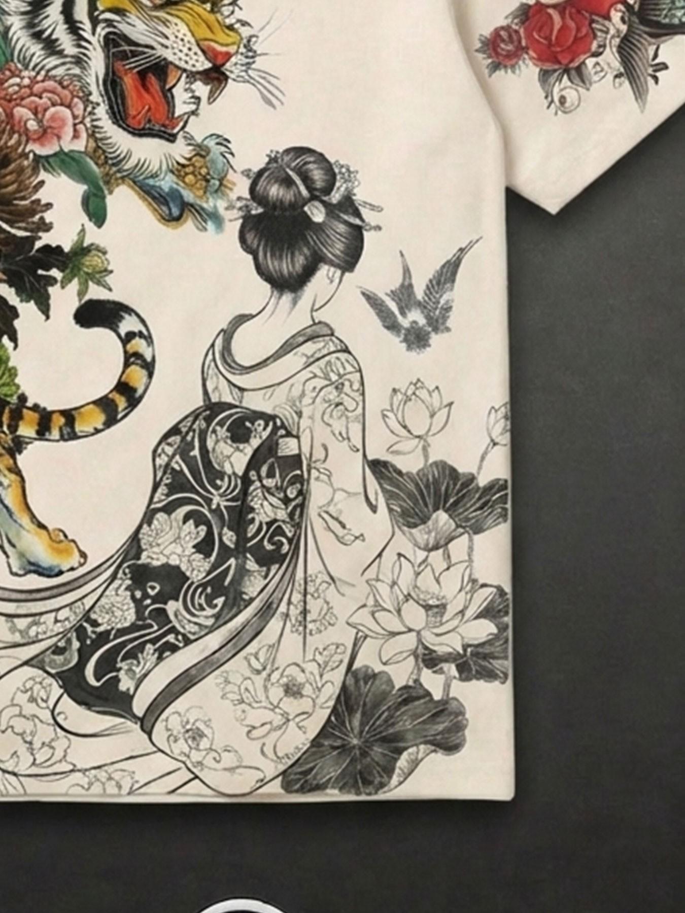 Viral Japanese tattoo style tiger pattern T-shirt, Oriental Spirit Y2K streetwear, retro aesthetic T-shirt with geisha and floral prints, perfect for streetwear and casual wear # streetwear # patterned T-shirt # Japanese tattoo # Oriental Spirit