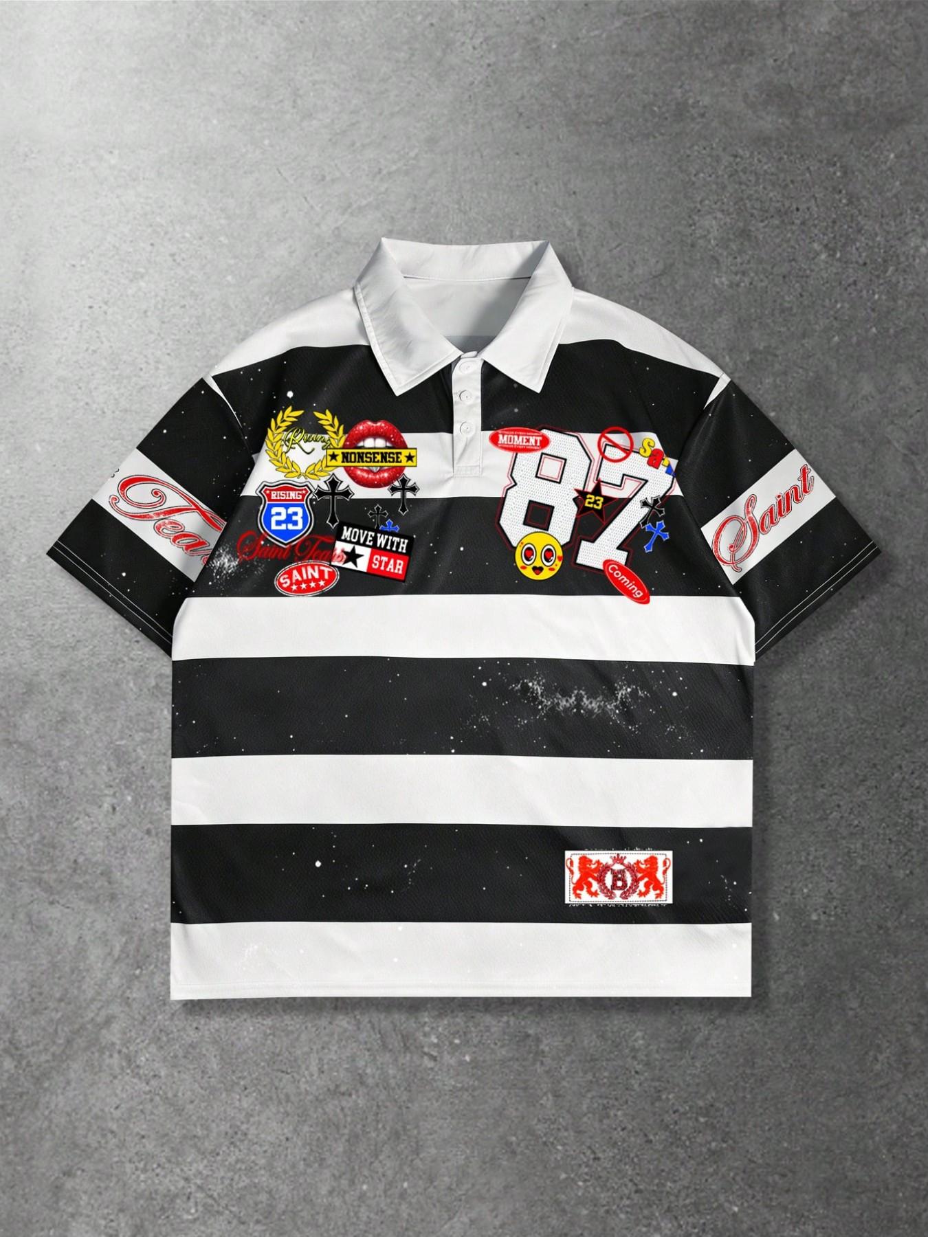 American Vintage Striped Knit Polo Shirt, Oversized Loose Fit, Short Sleeve, Breathable Mesh Fabric, Trendy Casual Streetwear, Ideal for Sports