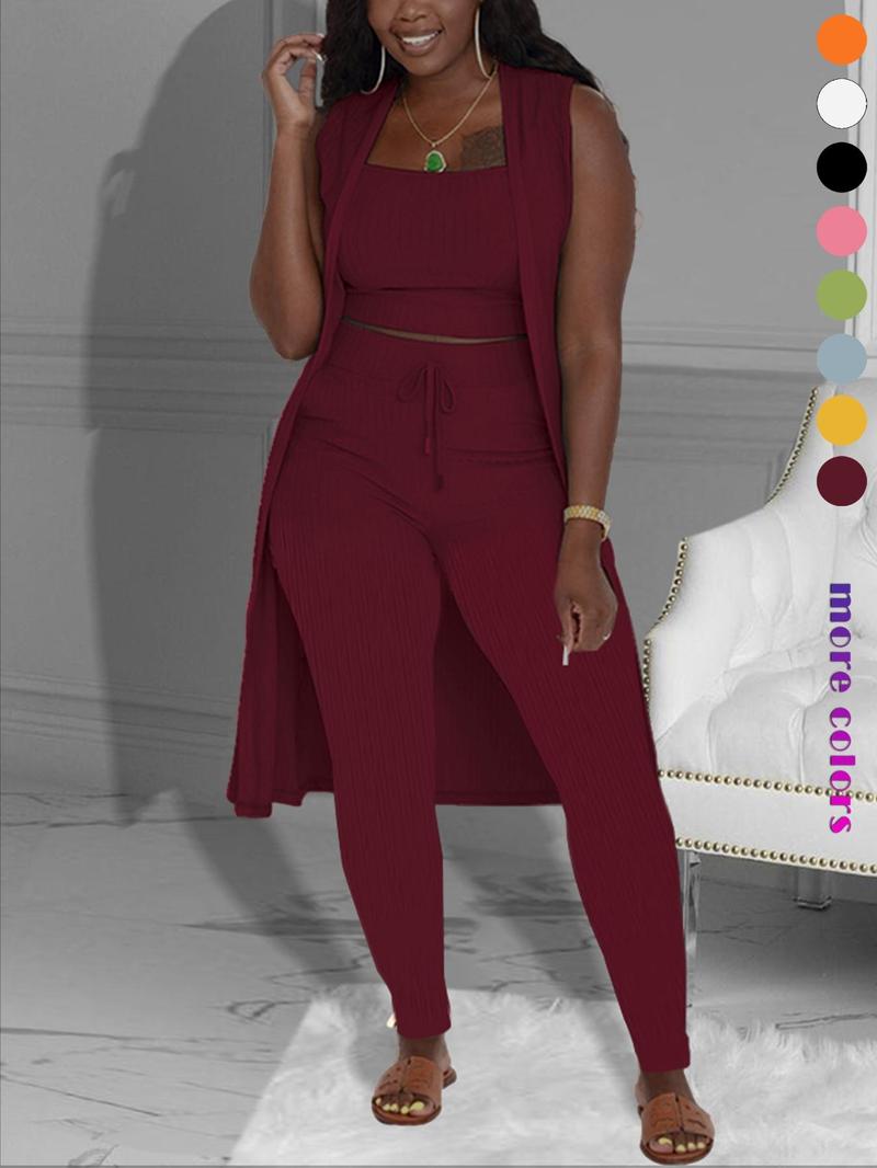 Three-Piece Set Women's Solid Crop Tank Top & Tie Front Pants & Open Front Outerwear Set, Casual Cropped Top & High Waist Trousers & Outerwear, Ladies Clothes for Daily Wear