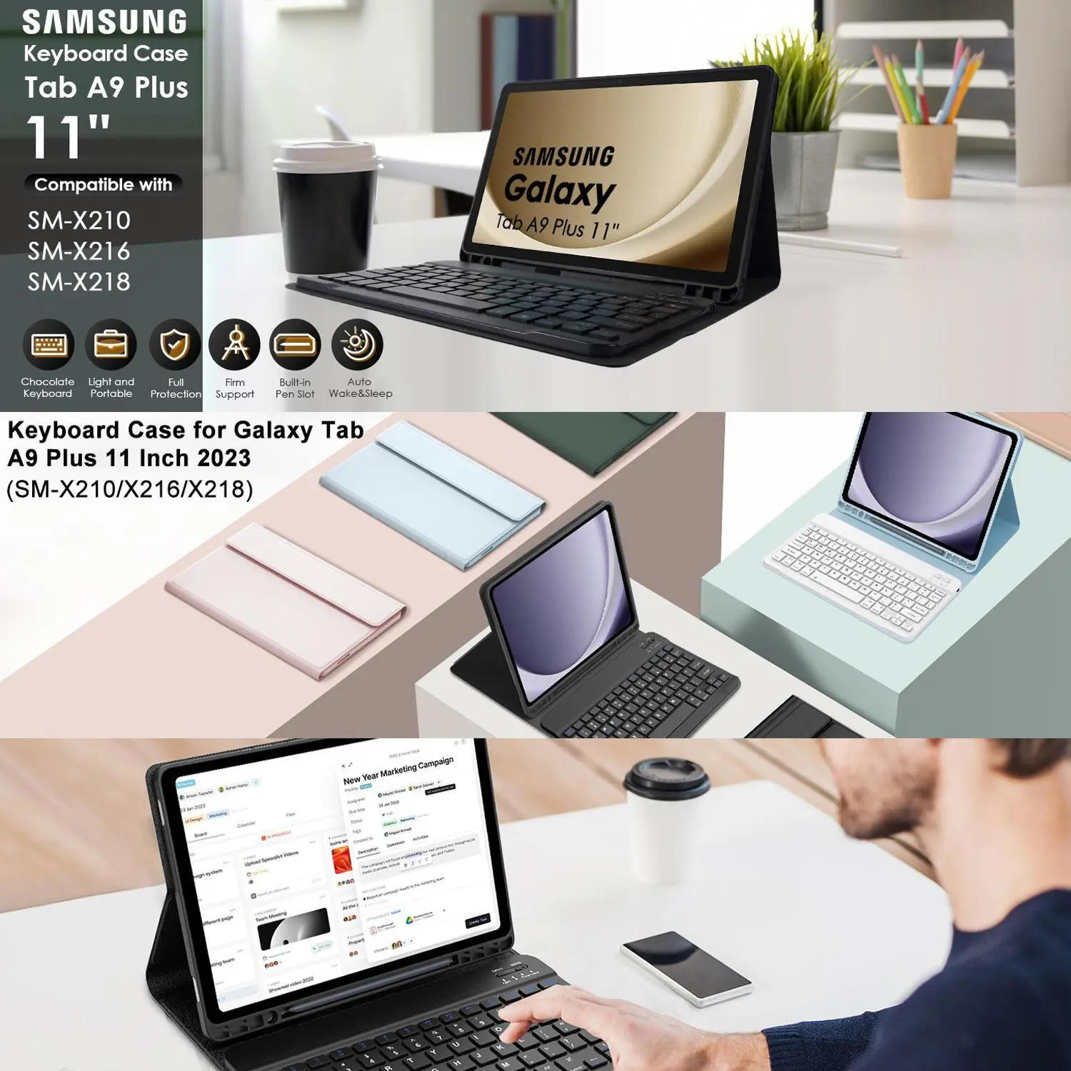 For Samsung Galaxy Tab A9 Plus 11 inch Case, Keyboard Case for Samsung Galaxy Tab A9+ 11 inch SM-X210/X216/X218