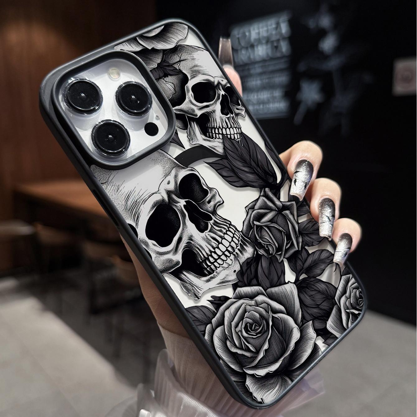 Monochrome Skull Rose Engraving Phone Case, Gothic Tattoo Art Full Coverage for iPhone 17 16 15 14 13 12 11 X Plus Pro Max, Alt Girl Gift