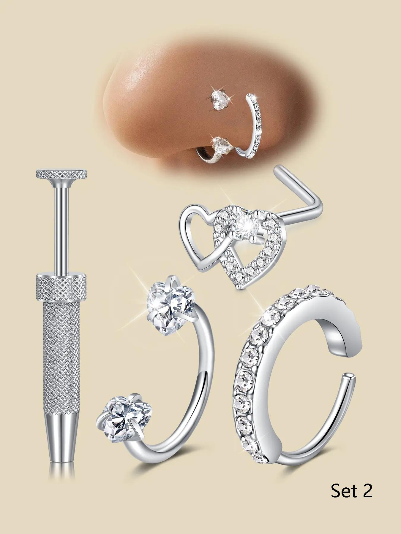 Silver Nose Rings Studs 18g Horseshoe Nose Ring Hoop for Women Surgical Steel Horse Shoe Tragus Cartilage Earring Hoops Helix Jewelry Double Gem Nostril Piercing Jewelry Rhinestone Nose Ring Heart Nose Stud Septum Pierced Ring