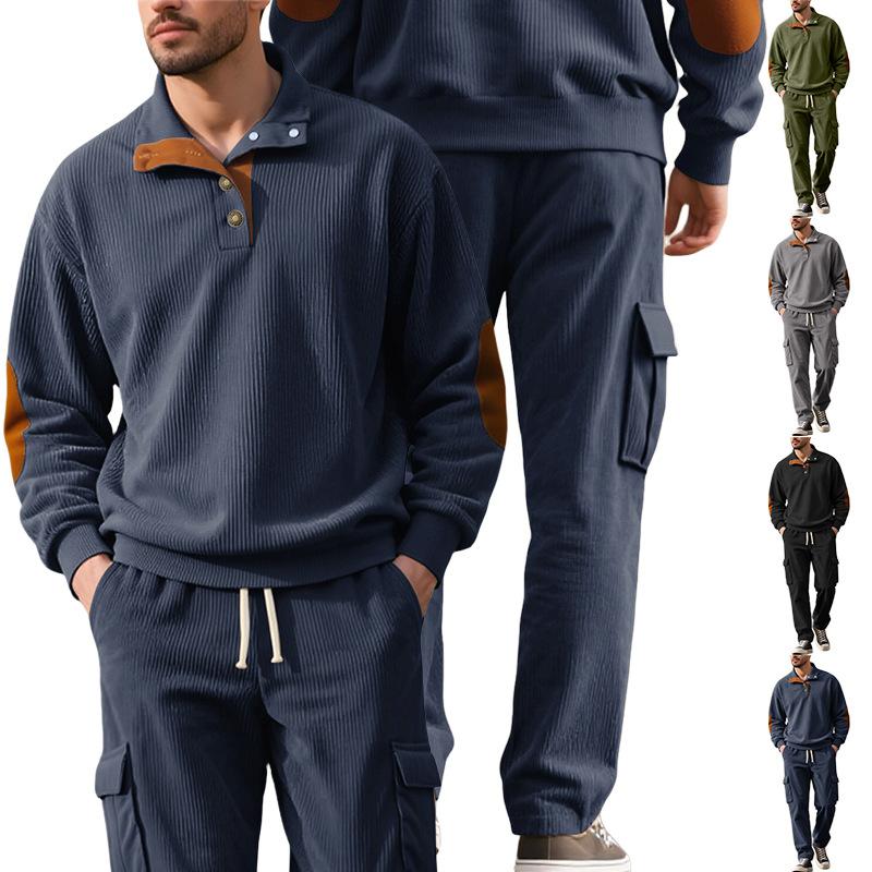 Men's Casual Sporty Corduroy Two-Piece Set (Long-Sleeve Collared Top & Loose-Fit Utility Pants) – Euro-American Style