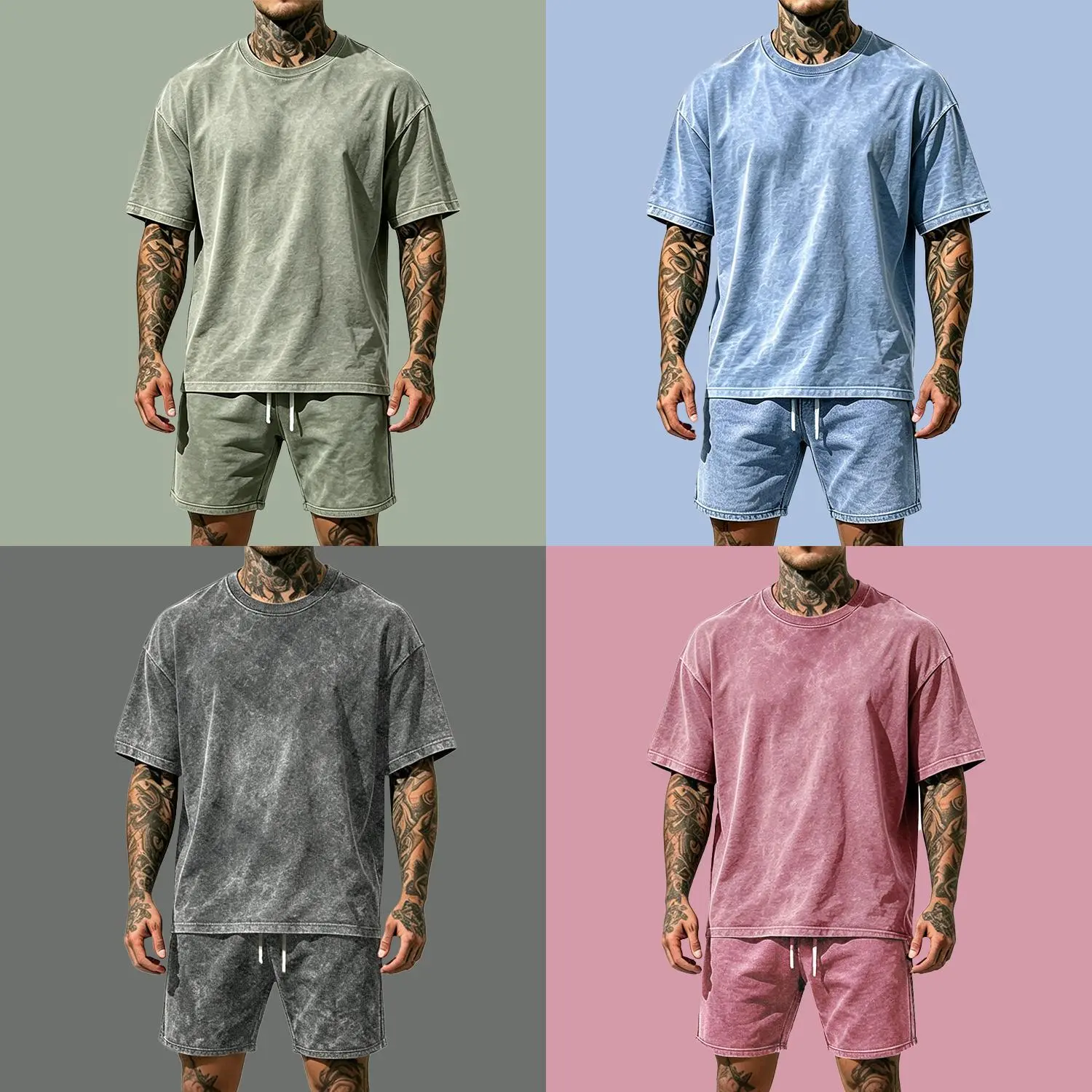 Men's 2 Piece Vintage Acid Wash Short Sets Faded Lightweight Breathable Cotton Tee Drawstring Shorts Y2K Grunge Gender Fluid Streetwear Retro Co-ords Summer Casual Matching Tracksuit Gym Unisex Loungewear Aesthetic Clothing Loose Fit Gift For Boyfriend