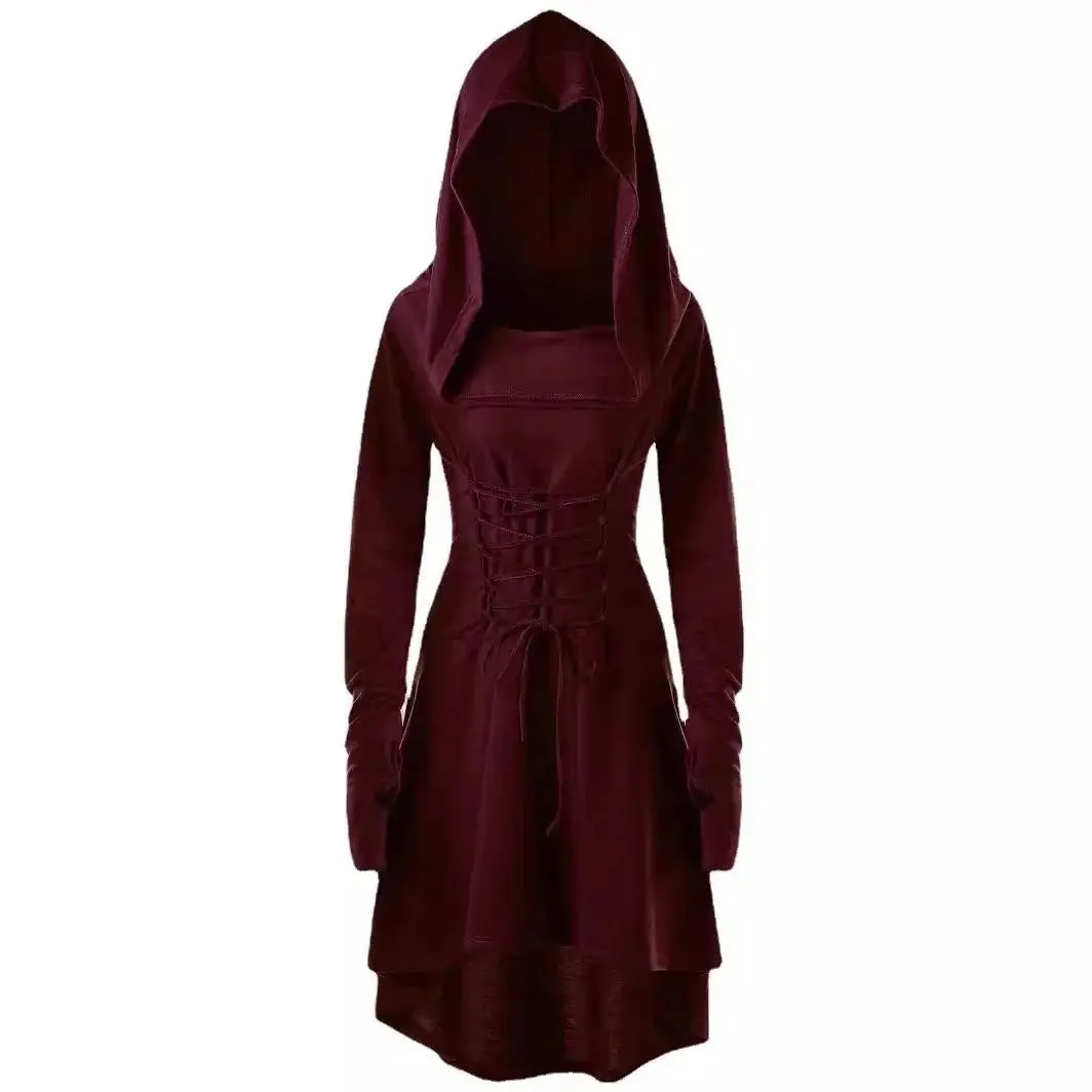 Hooded Dress for Women Long Sleeve Lace-up Midi Dress with Hood Black Dark Gothic Witches Halloween Party Wear Plus Size Dress