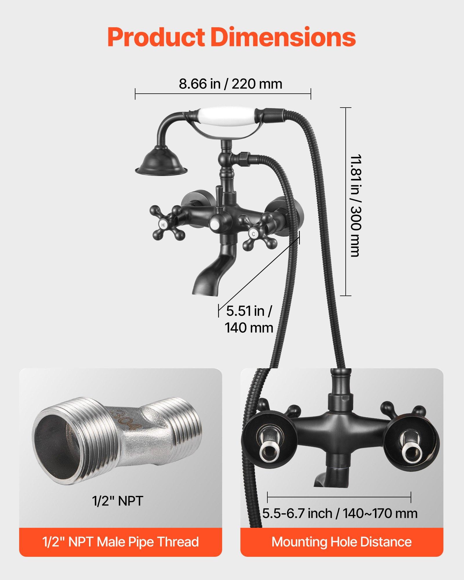 VEVOR Clawfoot Tub Faucet, Wall Mount Bathtub Faucets with Handheld Shower, Vintage Oil-Rubbed Bronze Clawfoot Tub Filler Faucet Shower Kit with Adjustable Swing Arms 360 Rotation Spout for Bathtubs