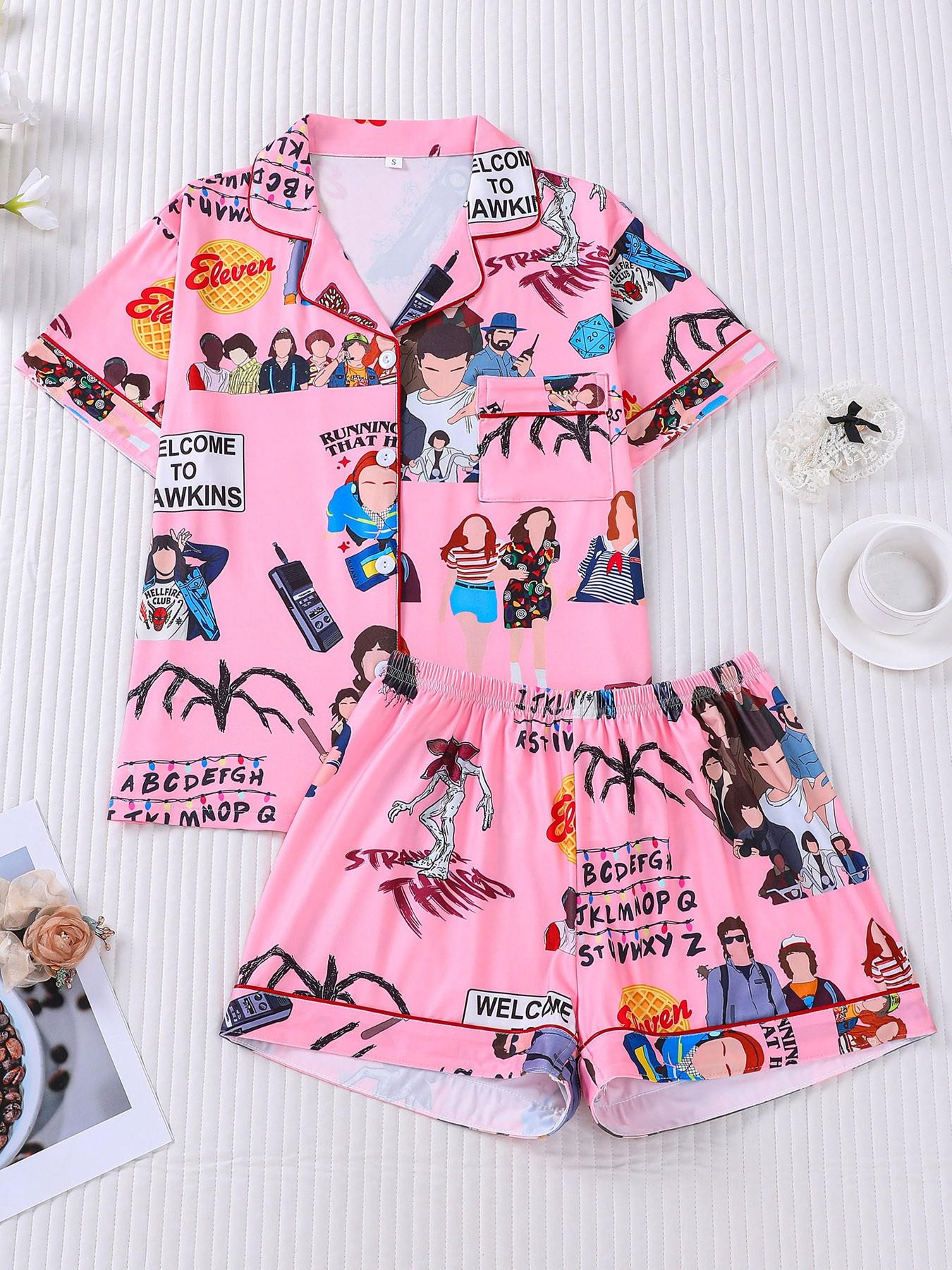 Stranger Things Cartoon All-Over Print 2-Piece Pajama Set for Women, Pink Girly Style Lapel Short Sleeve Top with Pocket & Elastic Waist Shorts, Soft Comfortable All-Season Casual Daily Loungewear Sleepwear