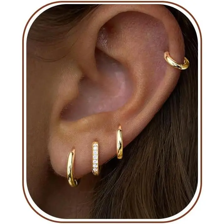 Small Gold Huggie Hoop Earrings Set for Women Men Hypoallergenic 14K Plated Stack Cartilage Earrings, Sterling Silver Multiple Piercing Lightweight Mini Thin Cute Dainty Trendy Jewelry Gifts for Women
