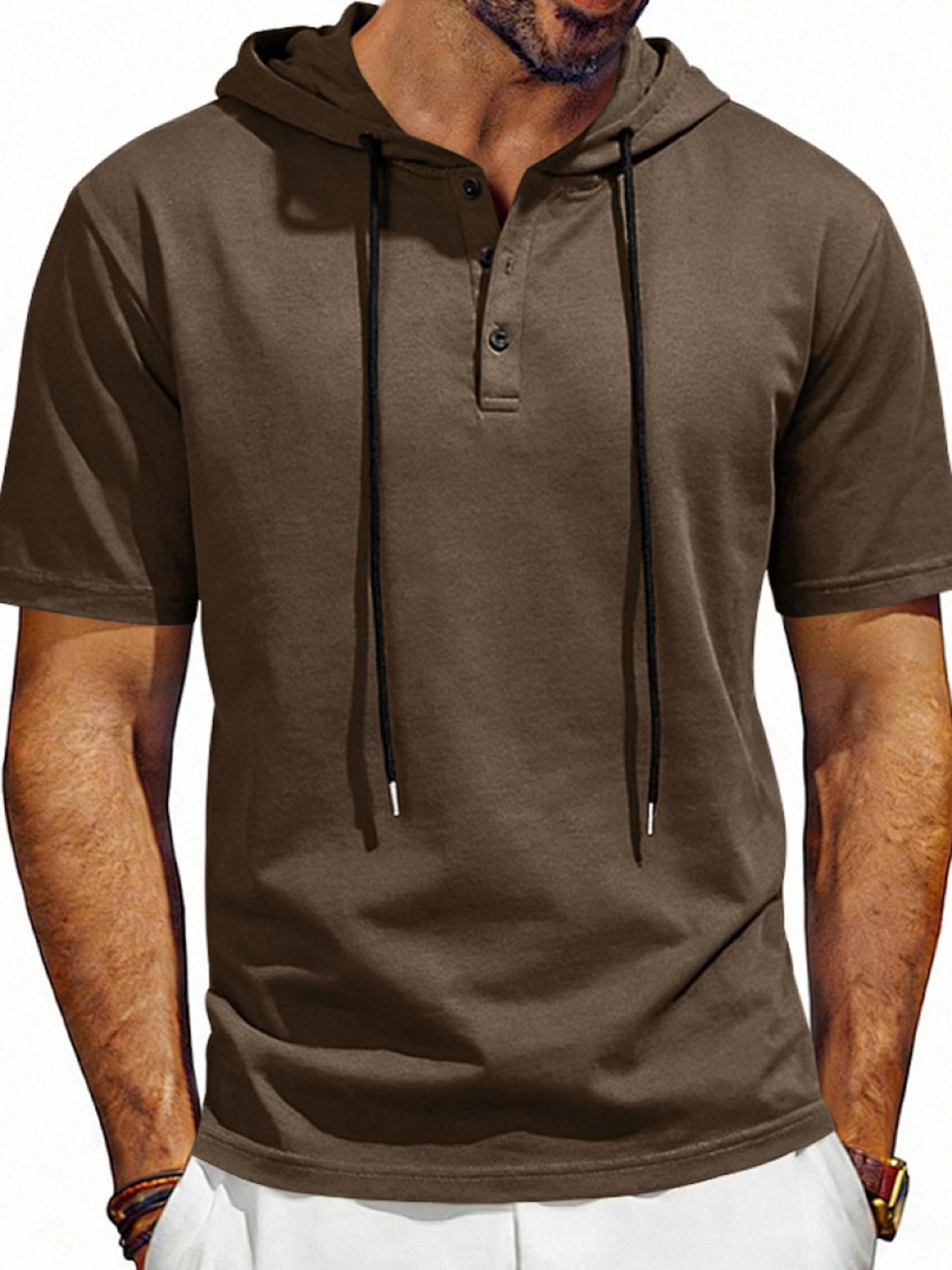 Men's Loose Fit Vintage Hooded Henley Shirt, Short Sleeve Summer Casual Top, American Style Cross-Border Fashion Apparel