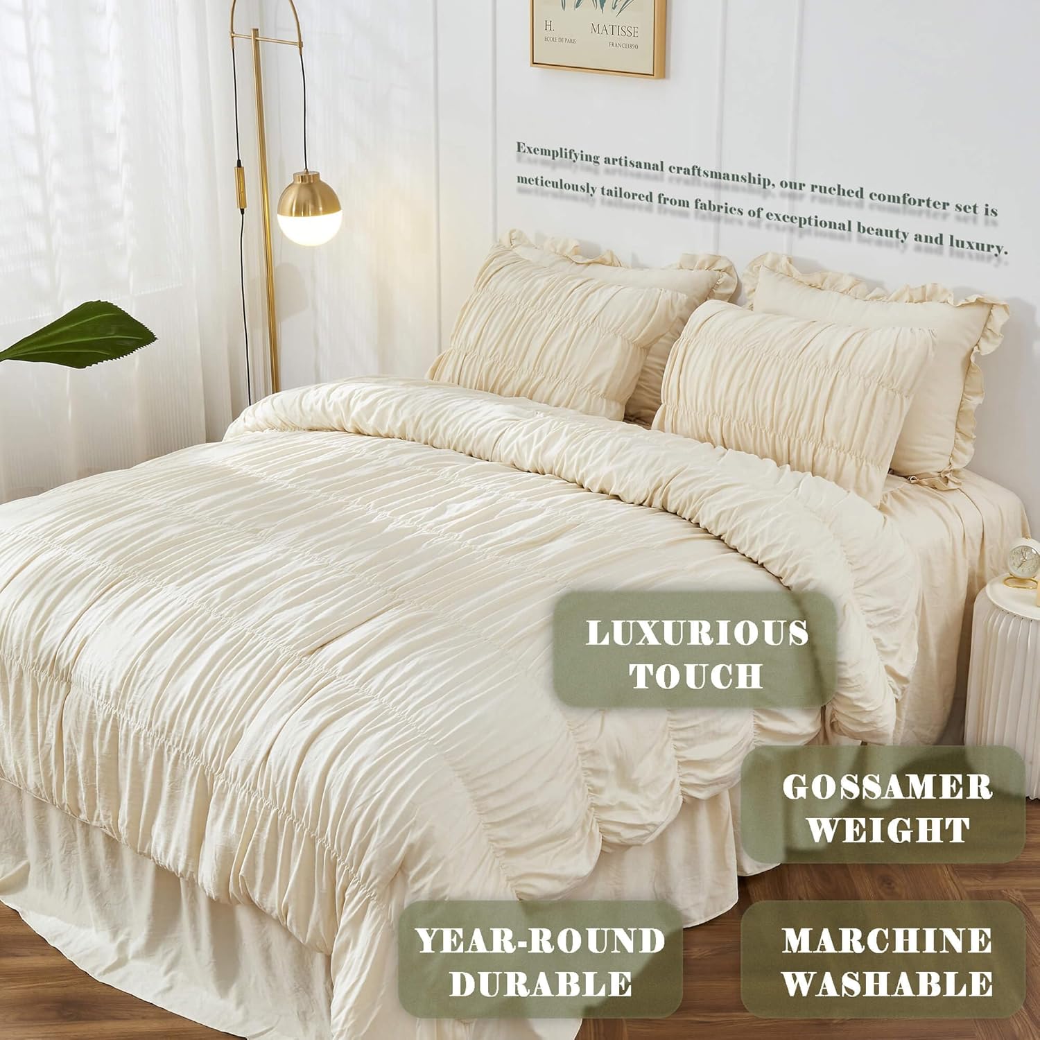 Size Comforter Set Bedding - Ruched Wheat Comforter  Bed Set Boho Shabby Chic 3 count Ruffle Comforter Set with Pillow White  Soft and Luxury